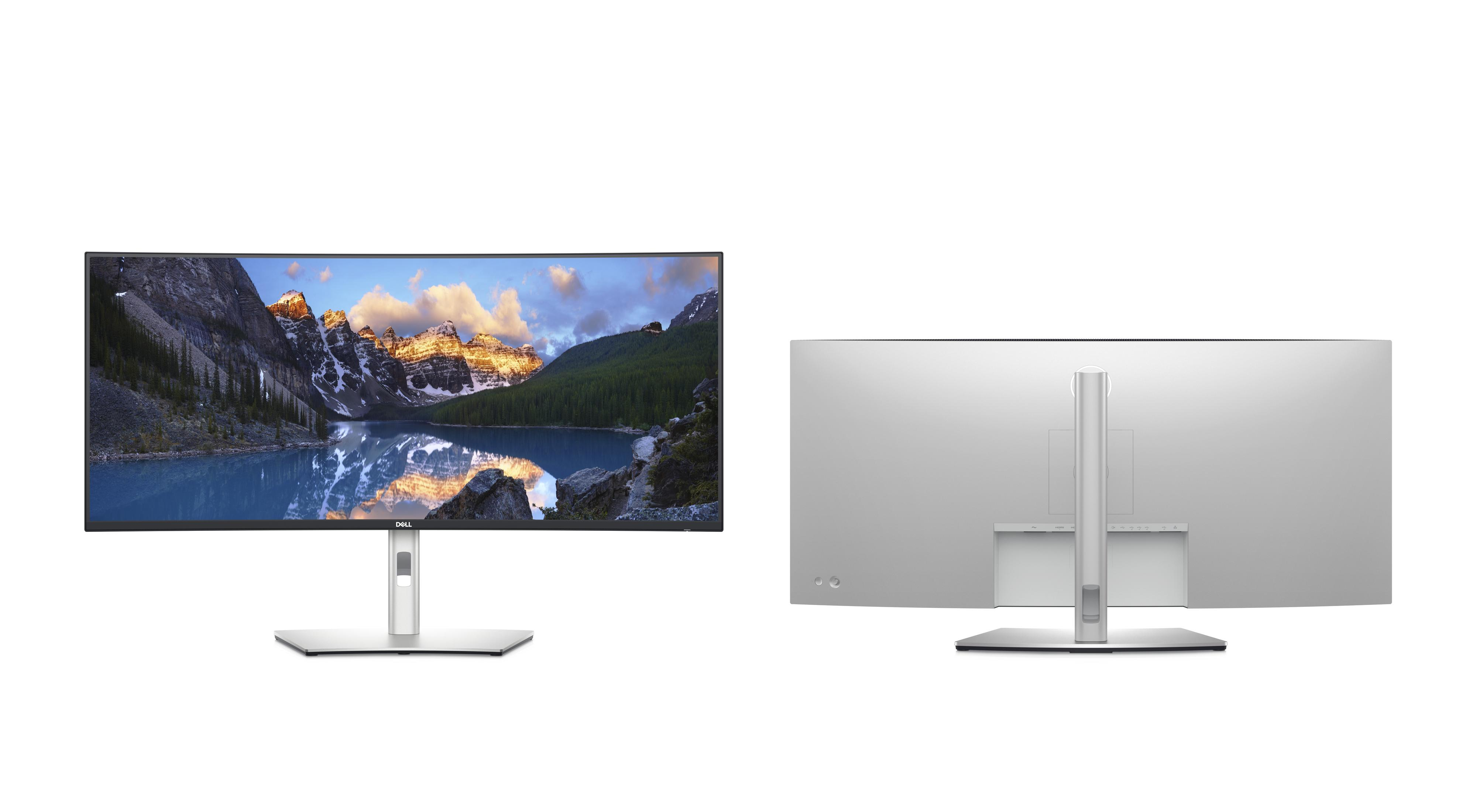 Twee aanzichten van een gebogen zilveren monitor. Eén voor, één achter, met witte achtergrond.