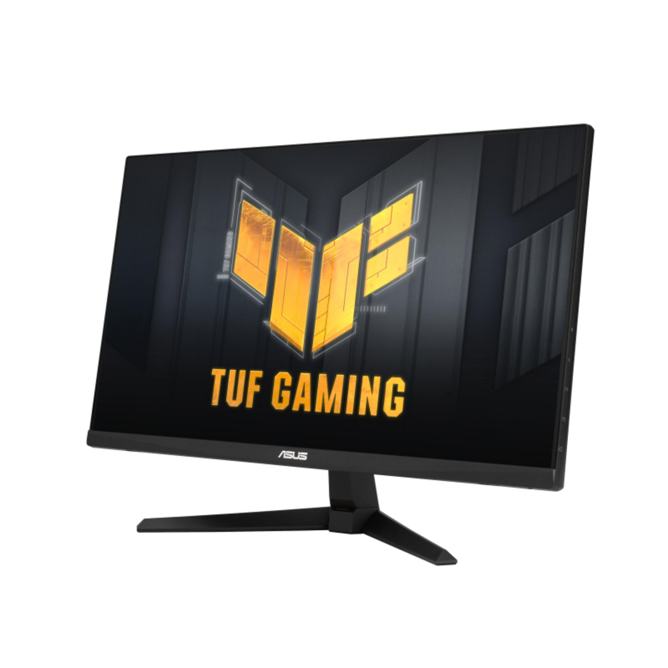 Czarny monitor ASUS TUF Gaming na białym tle, pokazujący grafikę z gier.