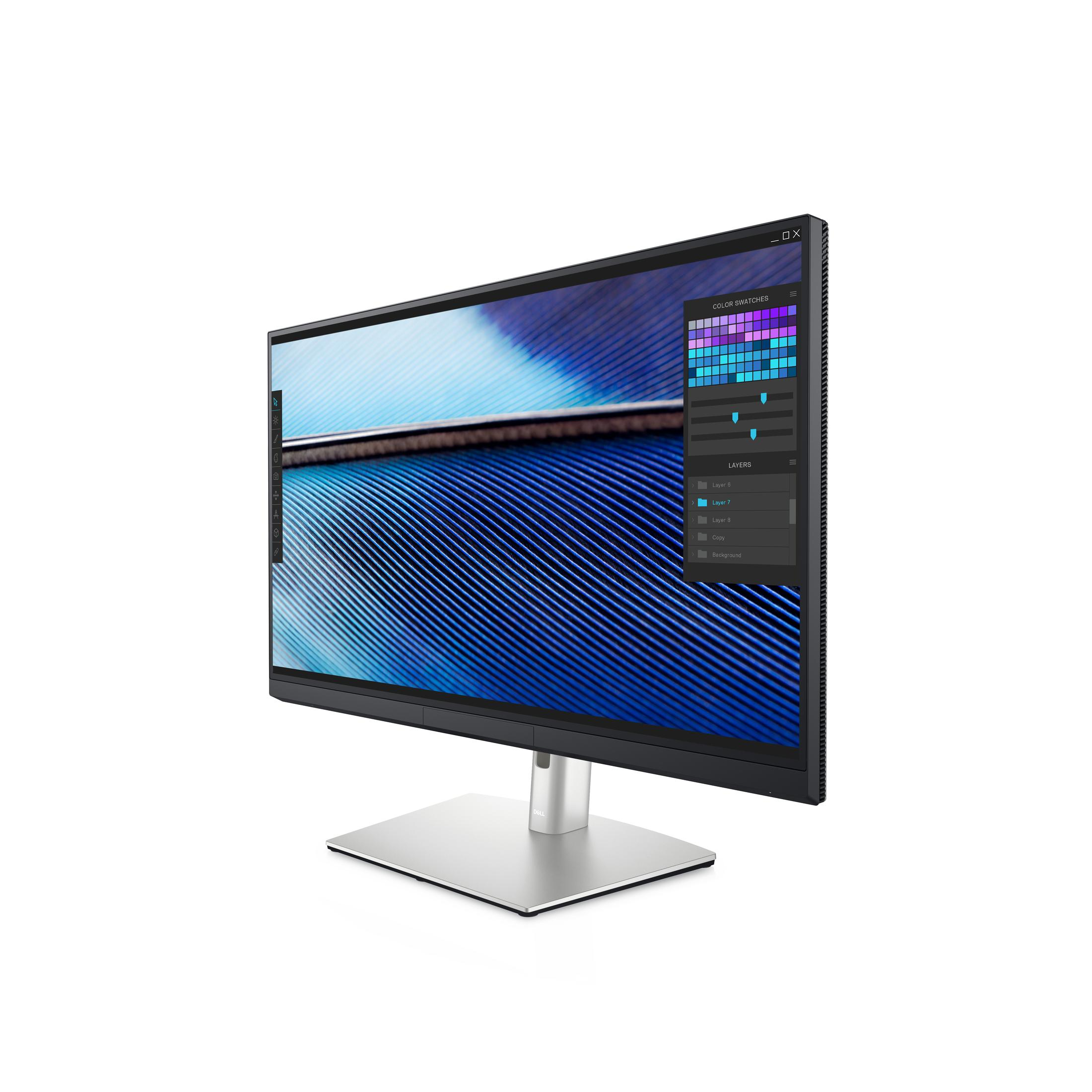 Dell-Monitor mit einem Bildschirm, der eine Farbpalette und Ebenen anzeigt. Silberner Ständer.