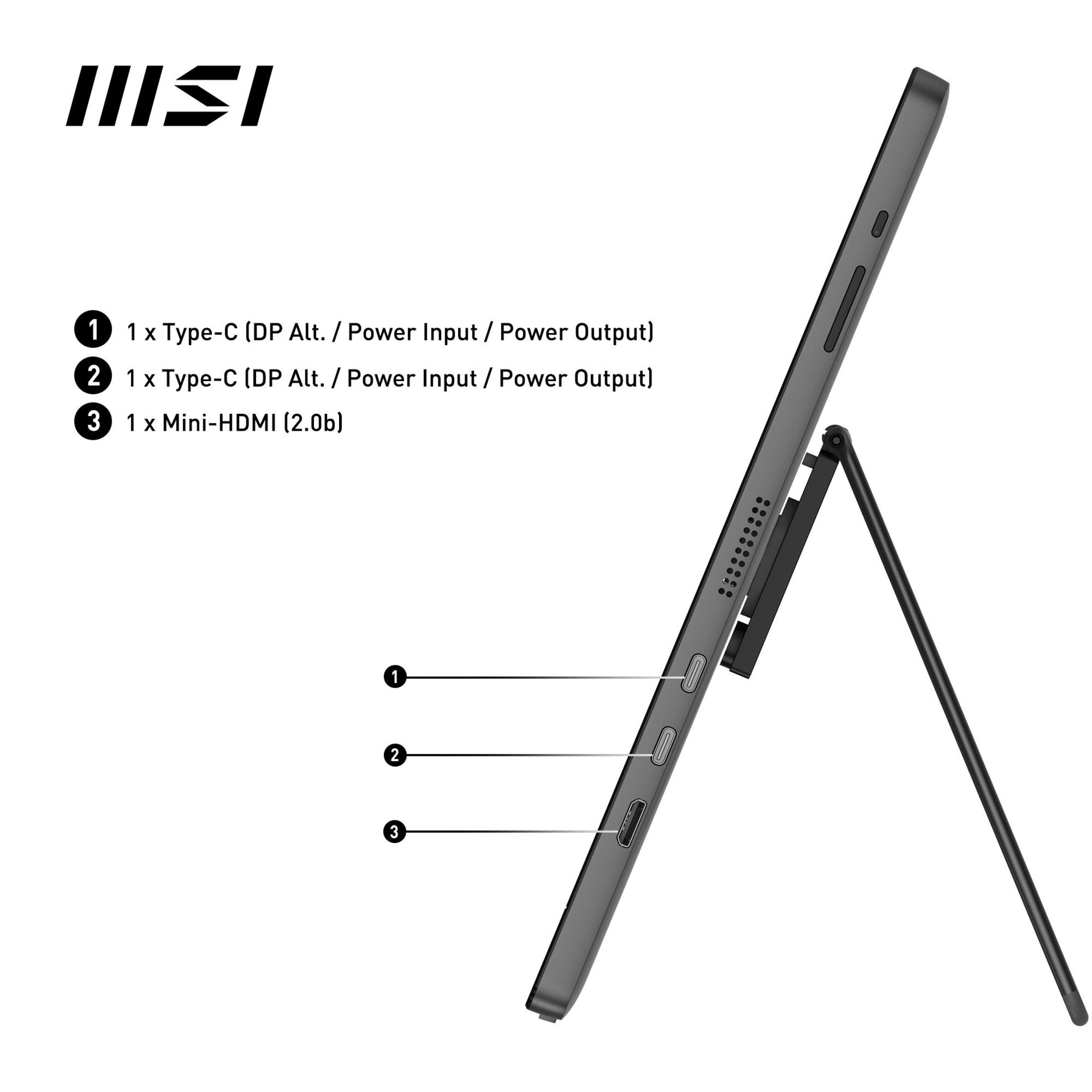 Tablet z podstawką pokazuje porty do ładowania i podłączania. Oznaczony typami portów: Type-C i Mini-HDMI.