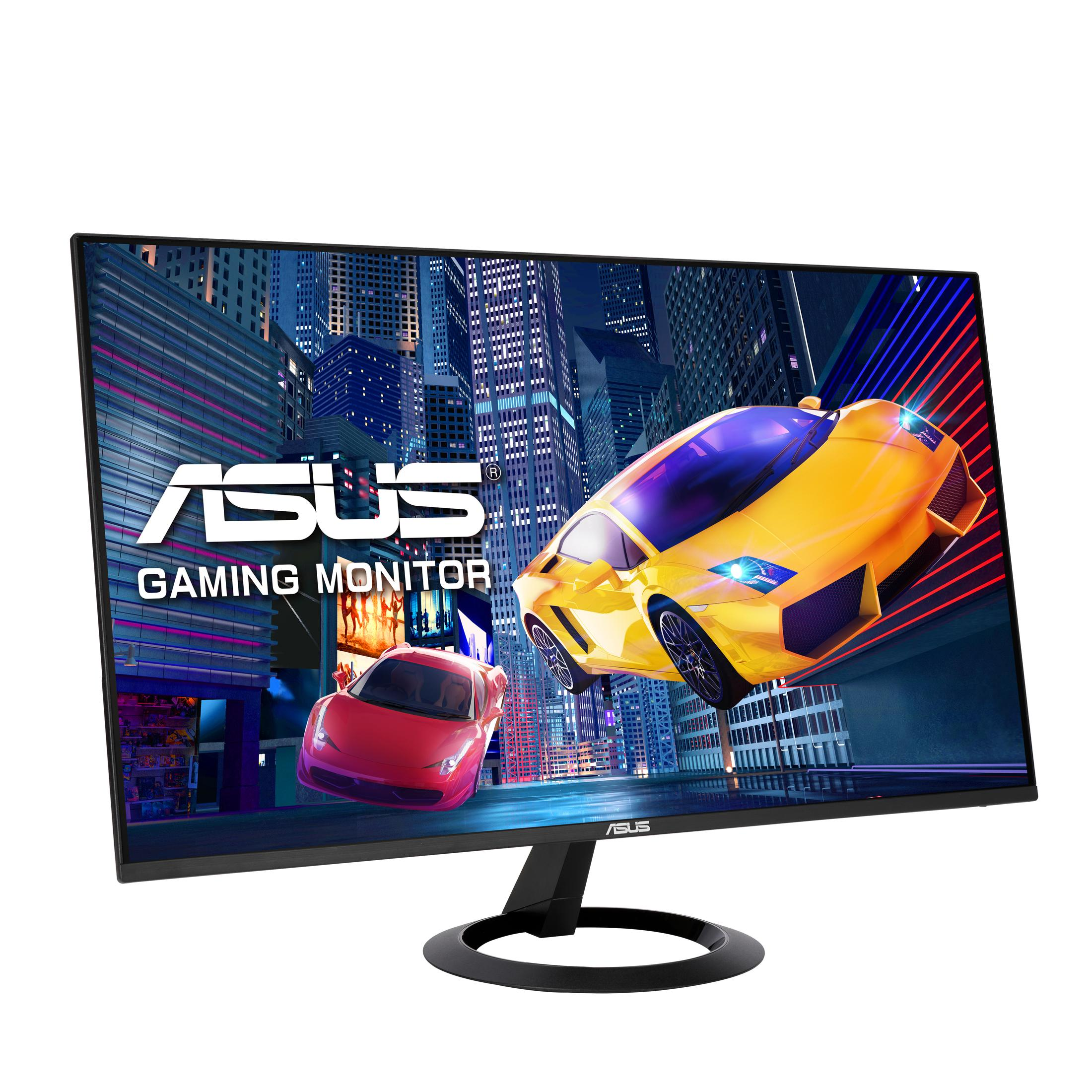 Gaming-Monitor mit Autos, die Rennen fahren, gelb und rot, im Stadt-Hintergrund, mit Asus-Logo.