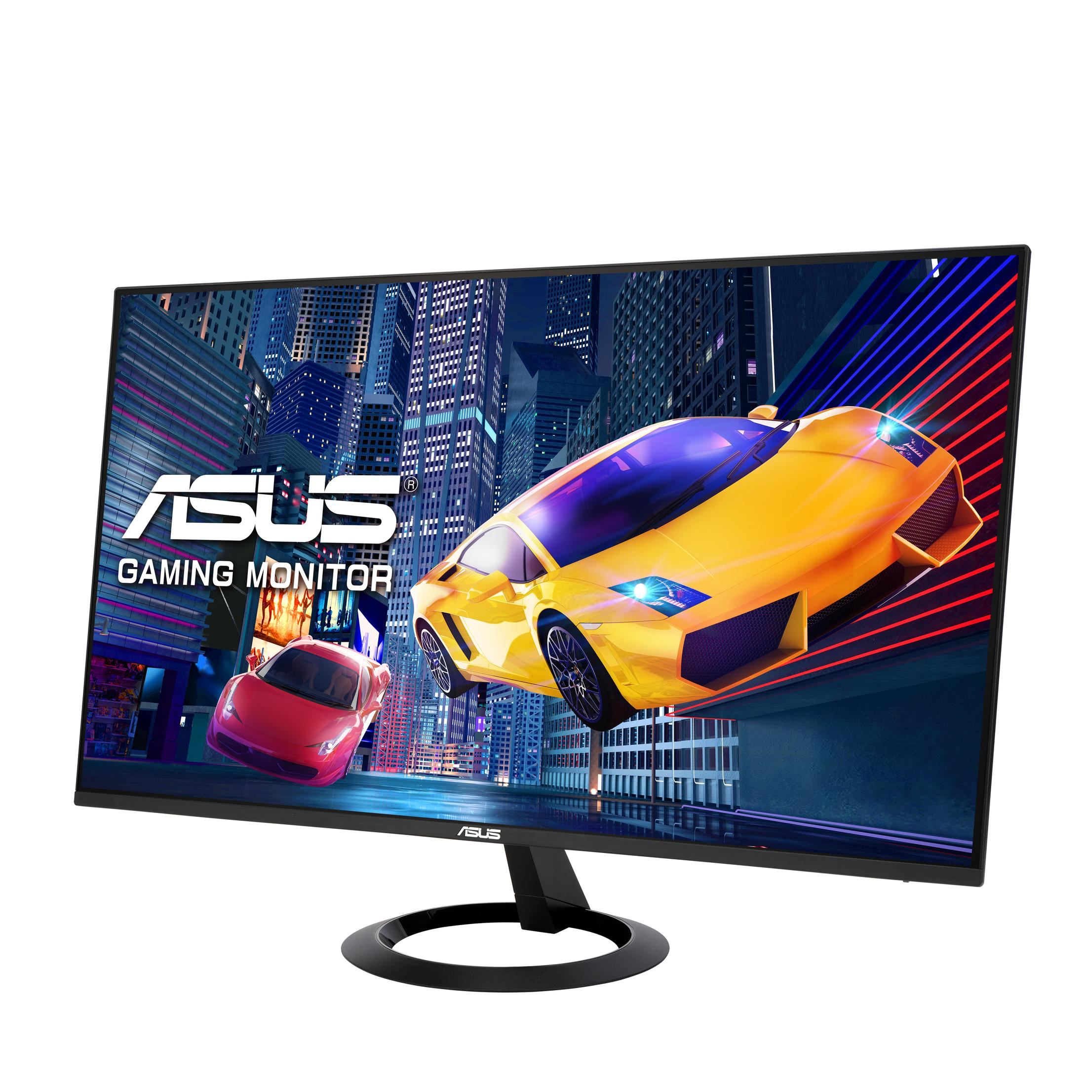 ASUS-Monitor mit einer Autorennszene. Ein gelbes Auto ist in der Luft und ein rotes Auto am Boden.