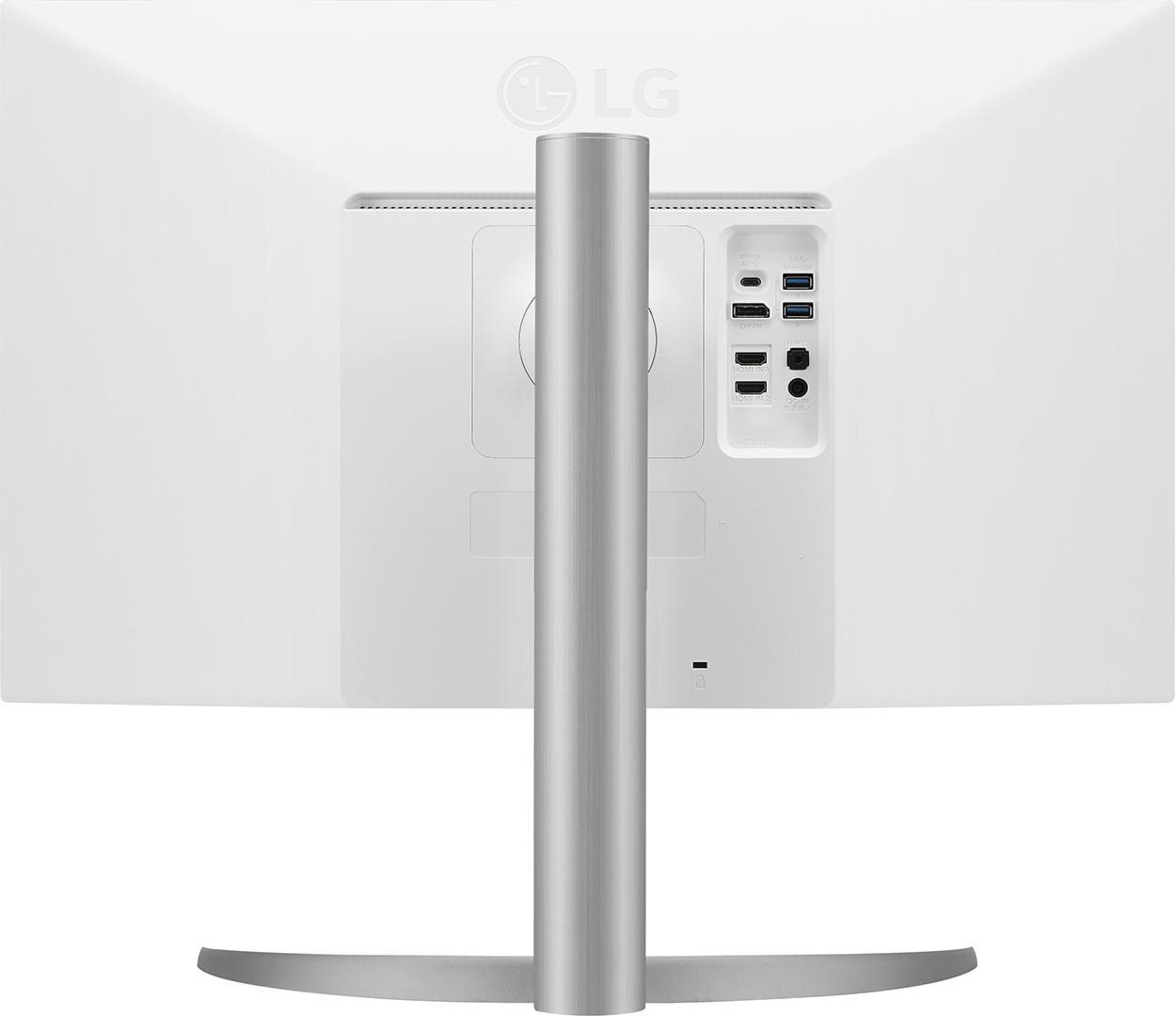 Tył białego monitora LG, widoczne porty.