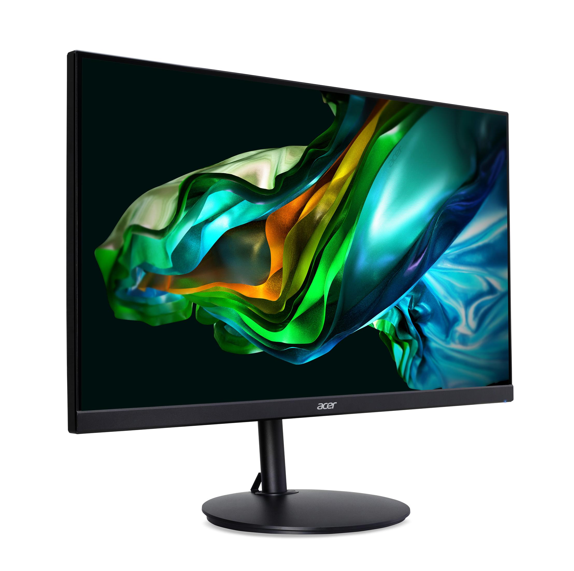 Un monitor di computer che mostra arte astratta con colori verdi, blu e gialli. Logo Acer in basso.