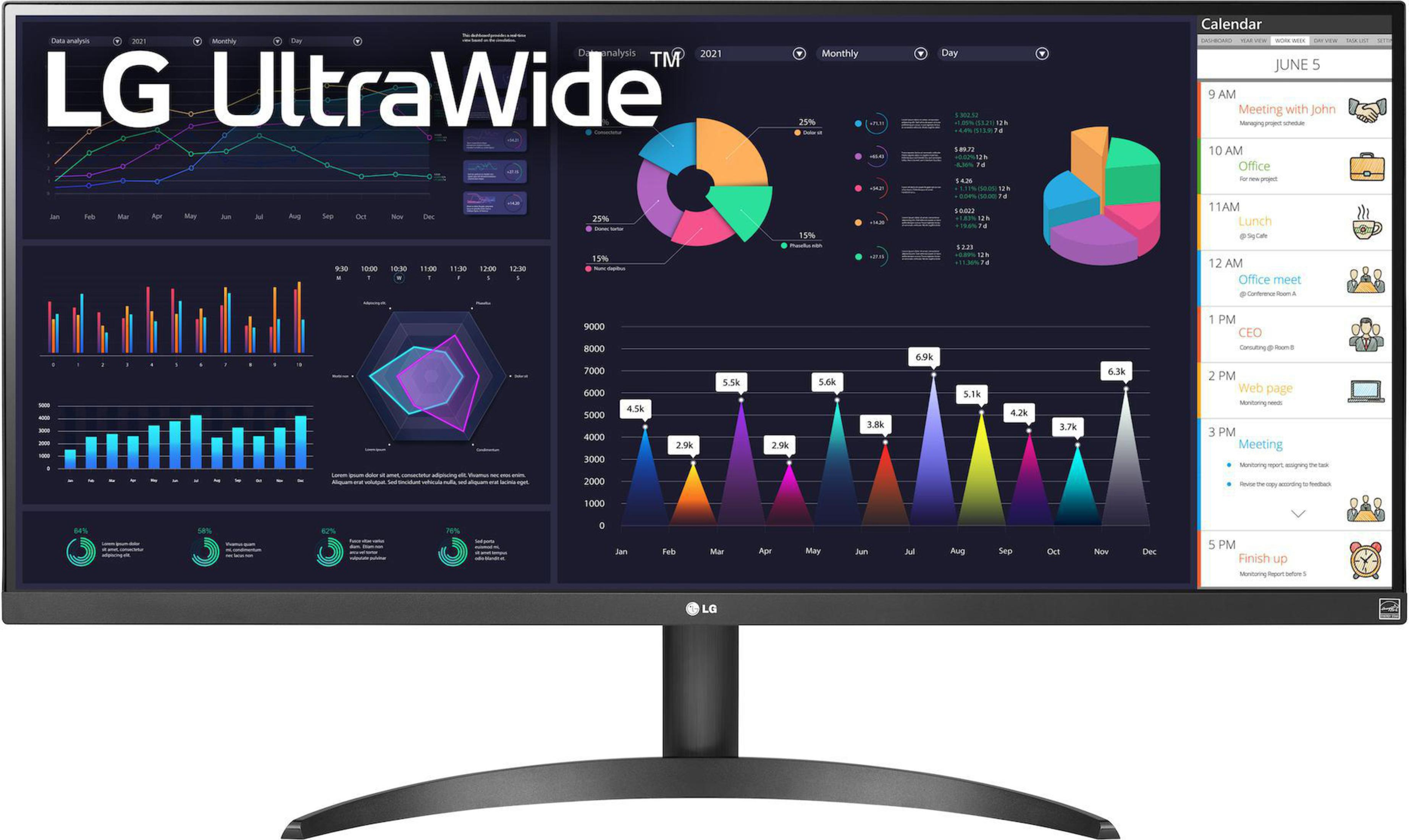 Ein LG UltraWide Monitor, der Datenvisualisierungen und einen Kalender anzeigt. Hat einen schwarzen Ständer und Rahmen.