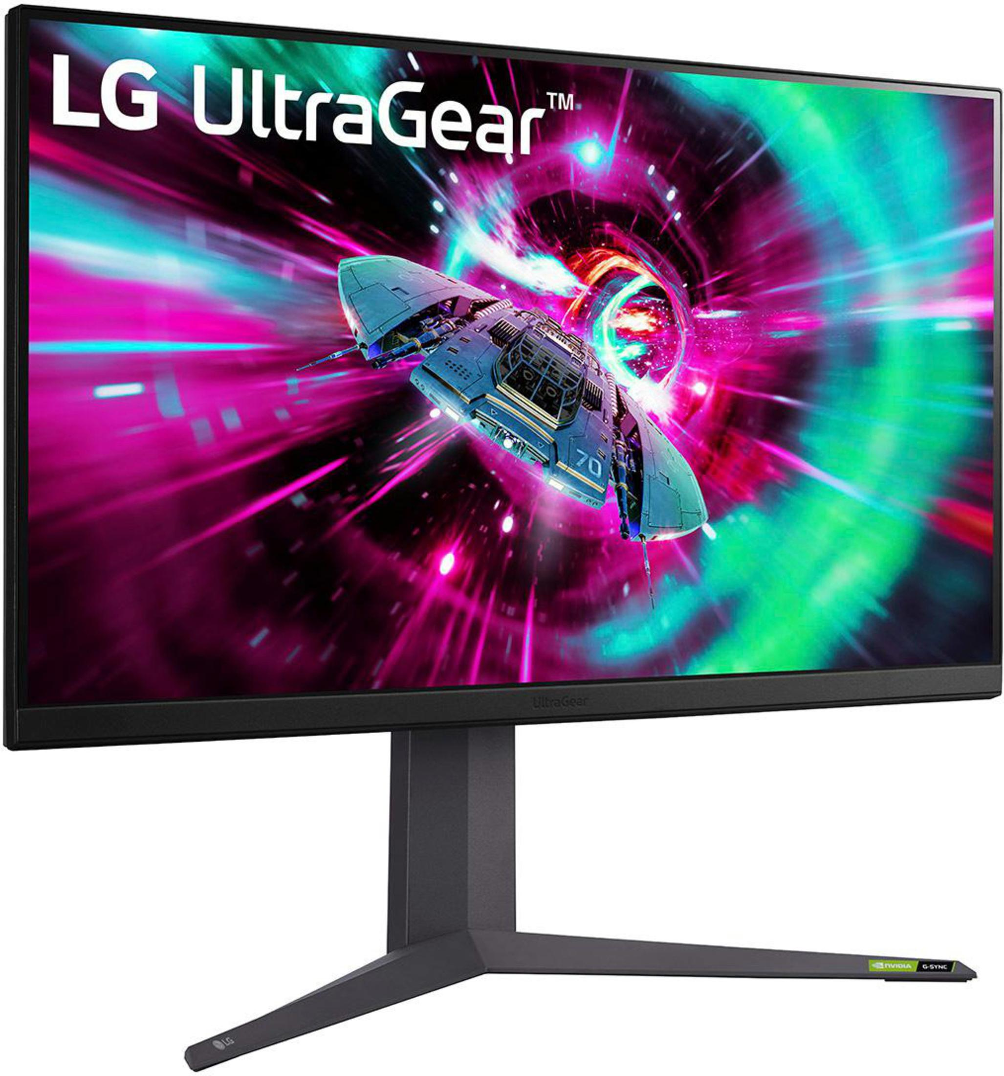 Monitor LG UltraGear z grafiką statku kosmicznego na ekranie, czarną podstawą i ramką.