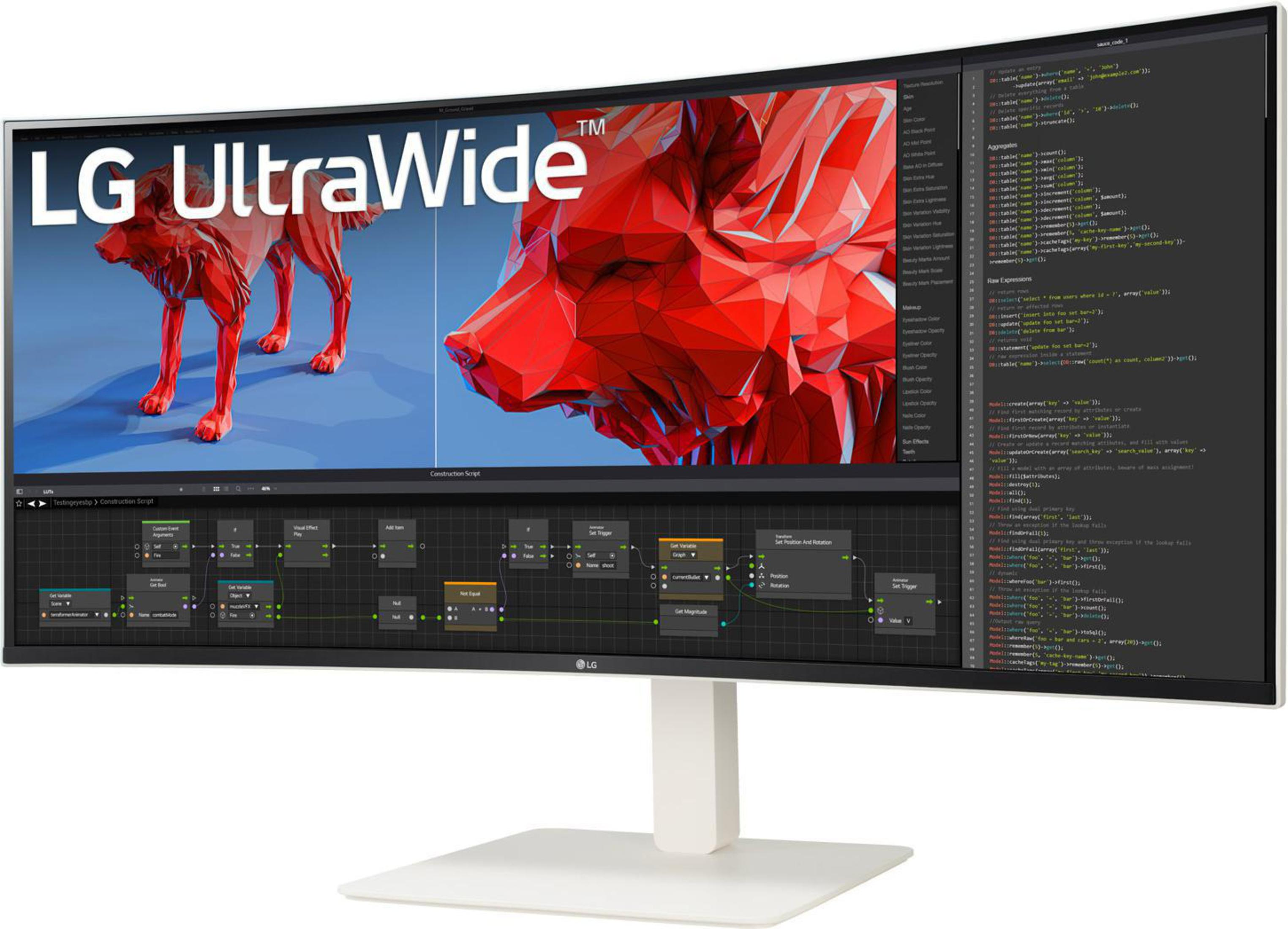 Zakrzywiony monitor ultrawide z czerwonymi i białymi obiektami na ekranie. Biała podstawa i czarna ramka.