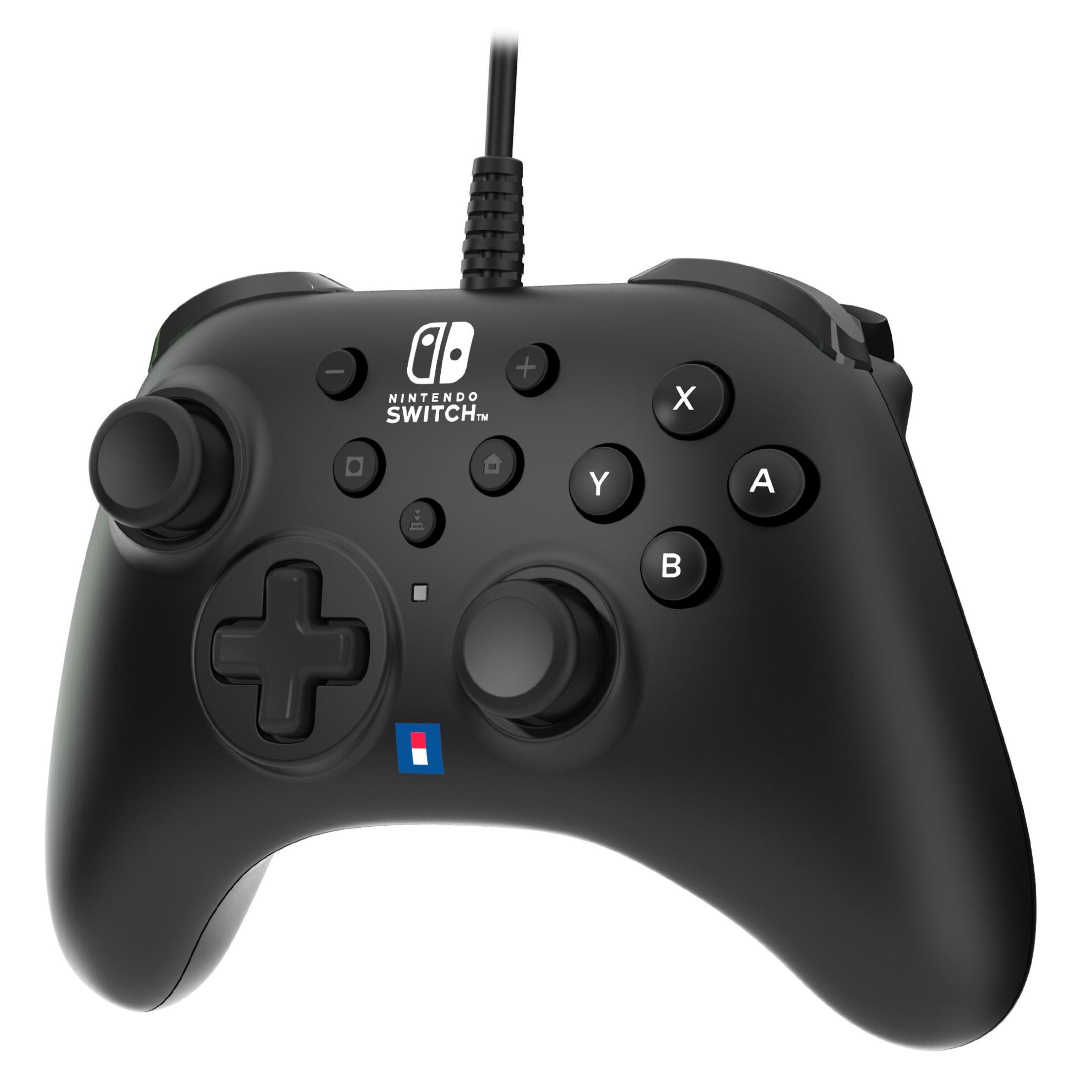 Ein schwarzer Nintendo Switch-Controller mit den Tasten X, Y, A, B, Steuerkreuz und Joysticks, auf weißem Hintergrund.