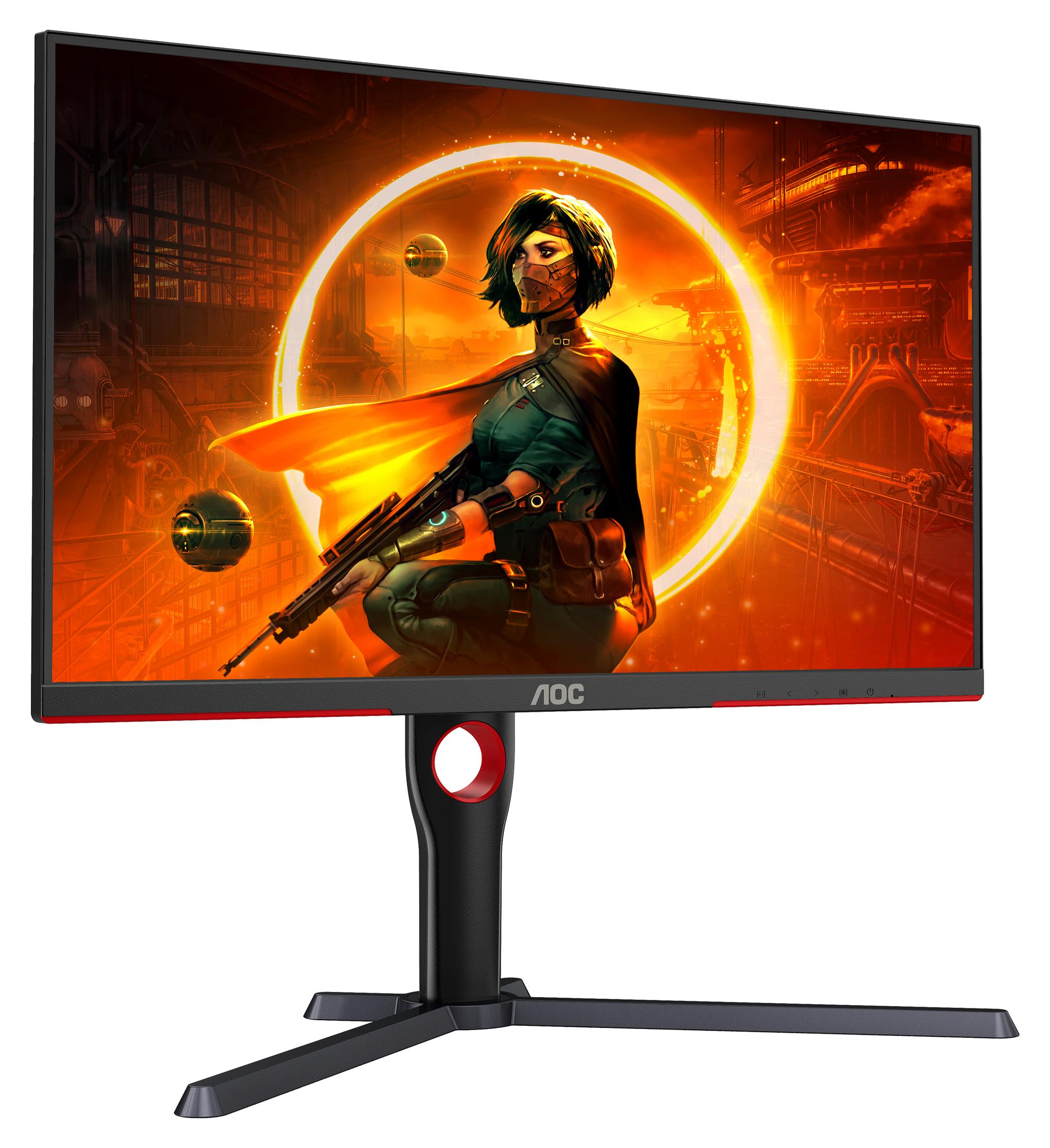 Monitor komputera z kobietą trzymającą karabin w futurystycznej scenerii.