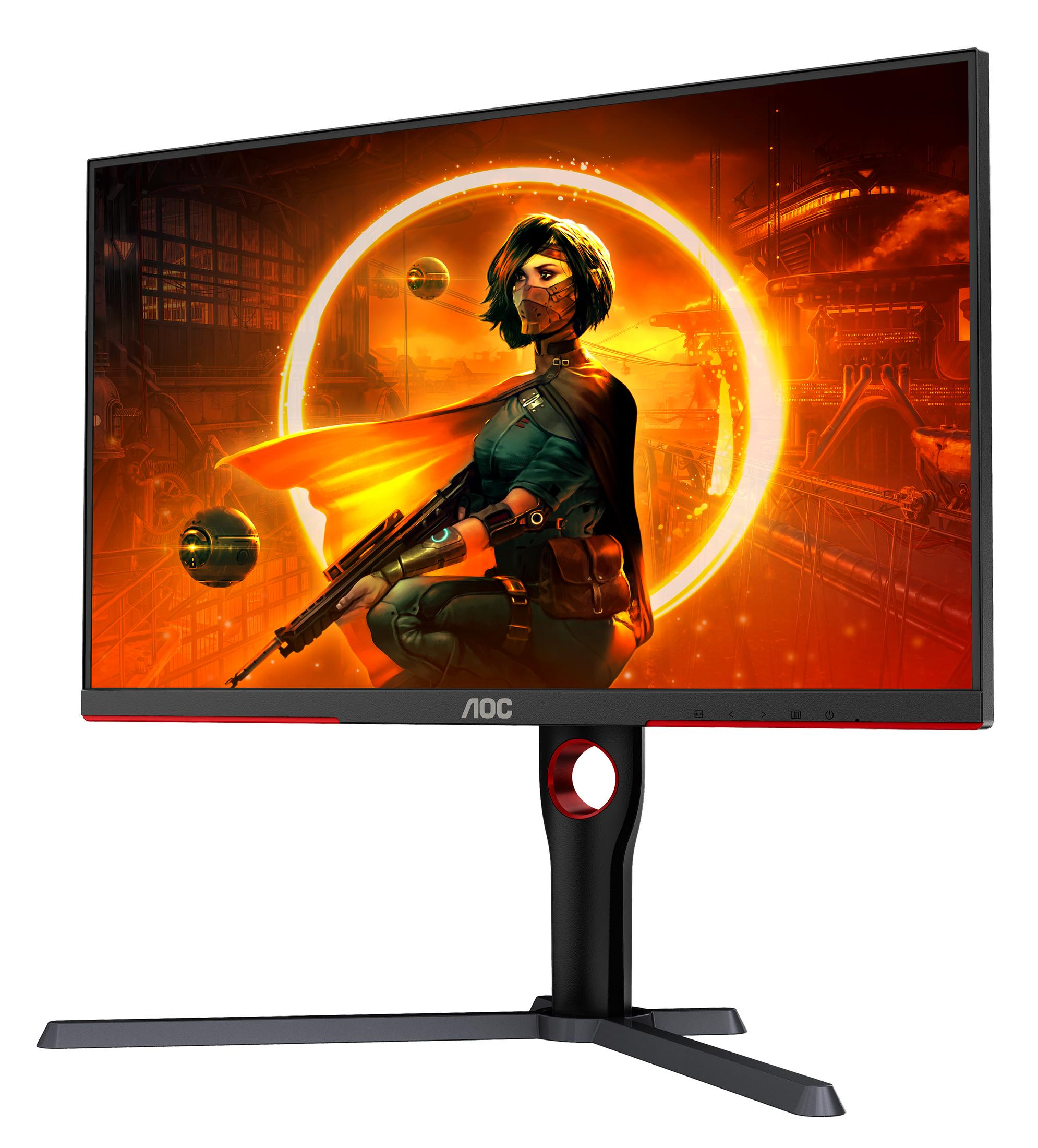 Monitor do gier wyświetla postać żeńską w scenerii science-fiction. Monitor ma czerwoną podstawę i ramkę.