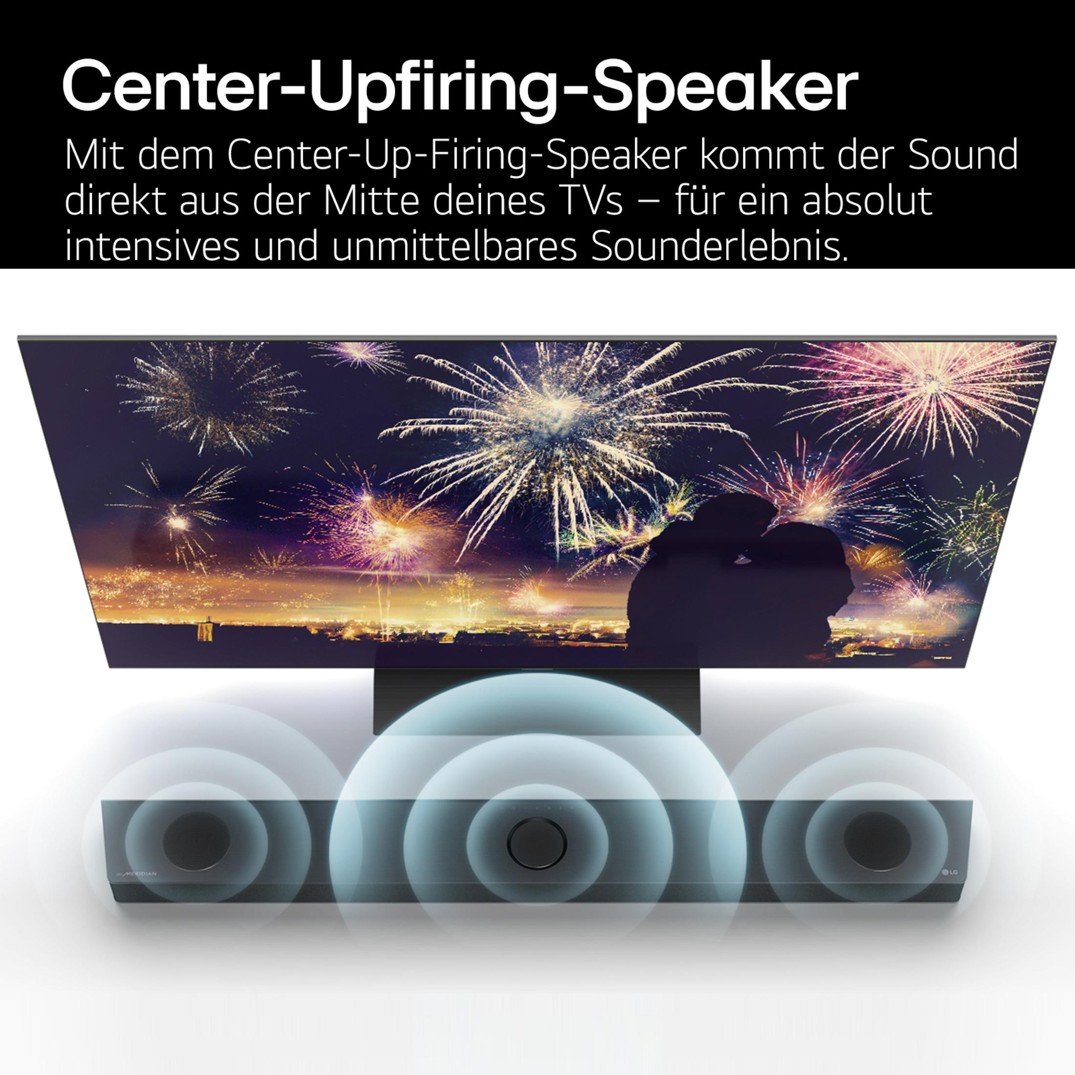 Ein Fernseher mit Feuerwerk und Text, der die Lautsprecherfunktionen mit Schallwellen hervorhebt.