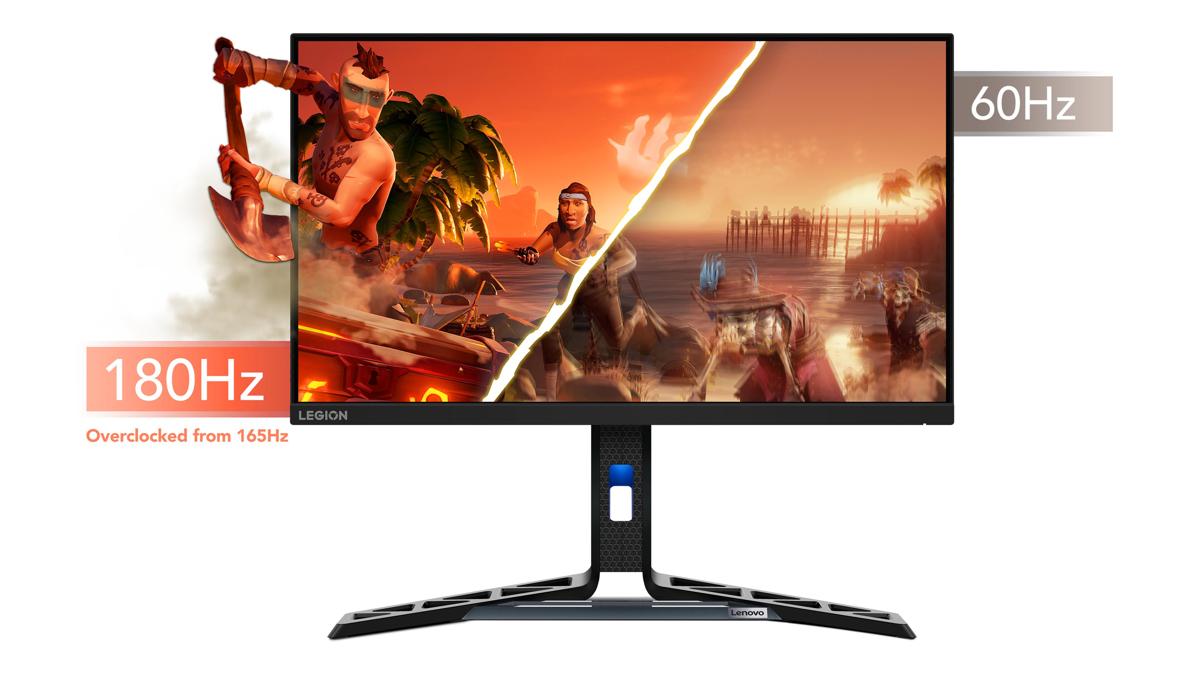 Un monitor de juegos que muestra una escena de videojuego. Muestra frecuencias de cuadro de 180 Hz y 60 Hz.