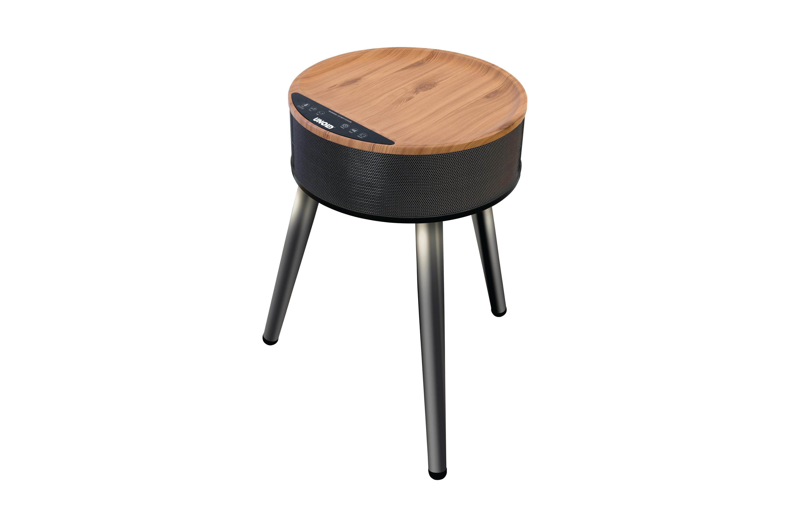 Okrągły głośnik z drewnianym blatem na trzech srebrnych nogach, na białym tle.