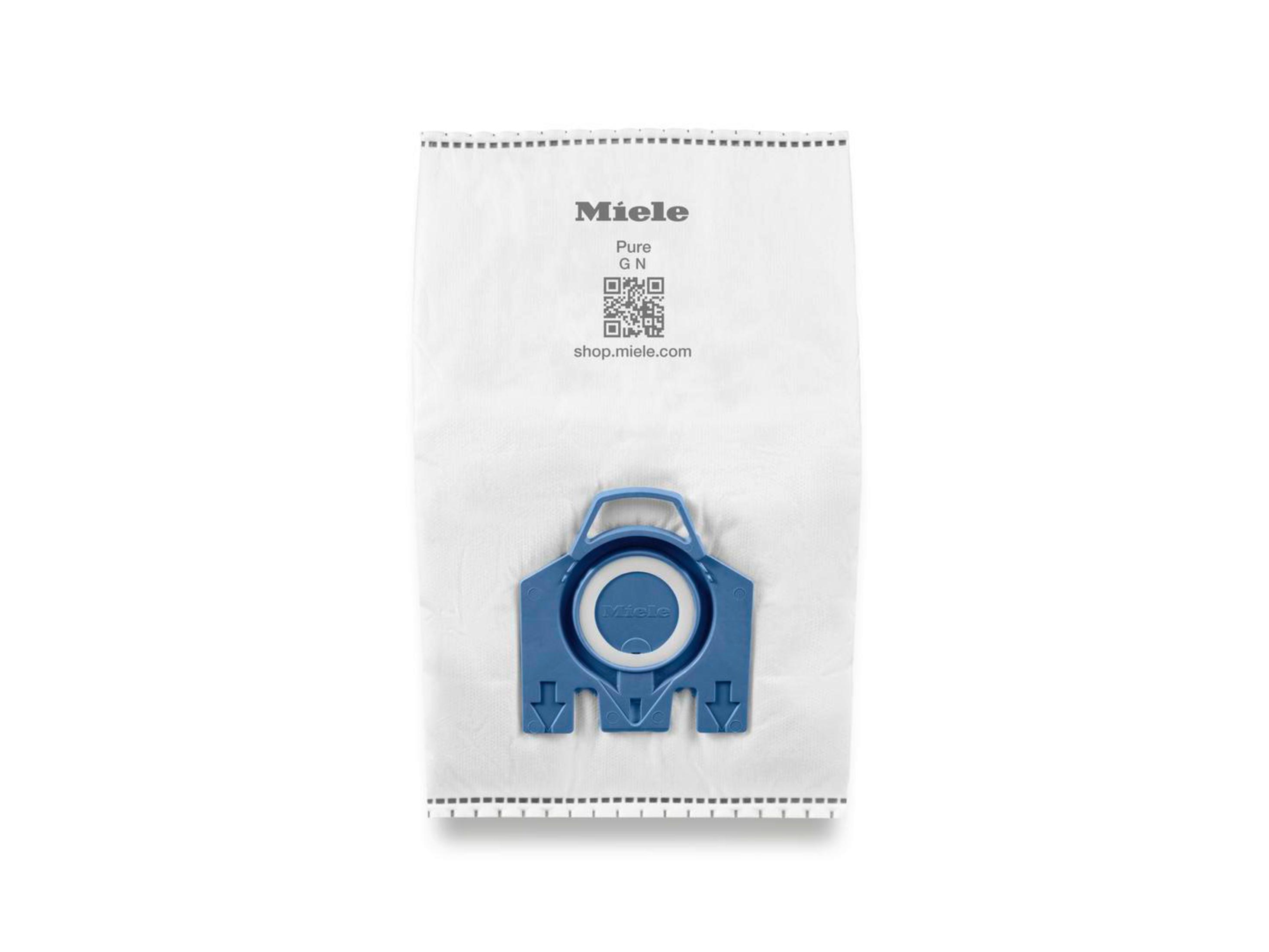 Miele Pure GN Staubsaugerbeutel. Er ist weiß mit blauem Kunststoffhalter und QR-Code.