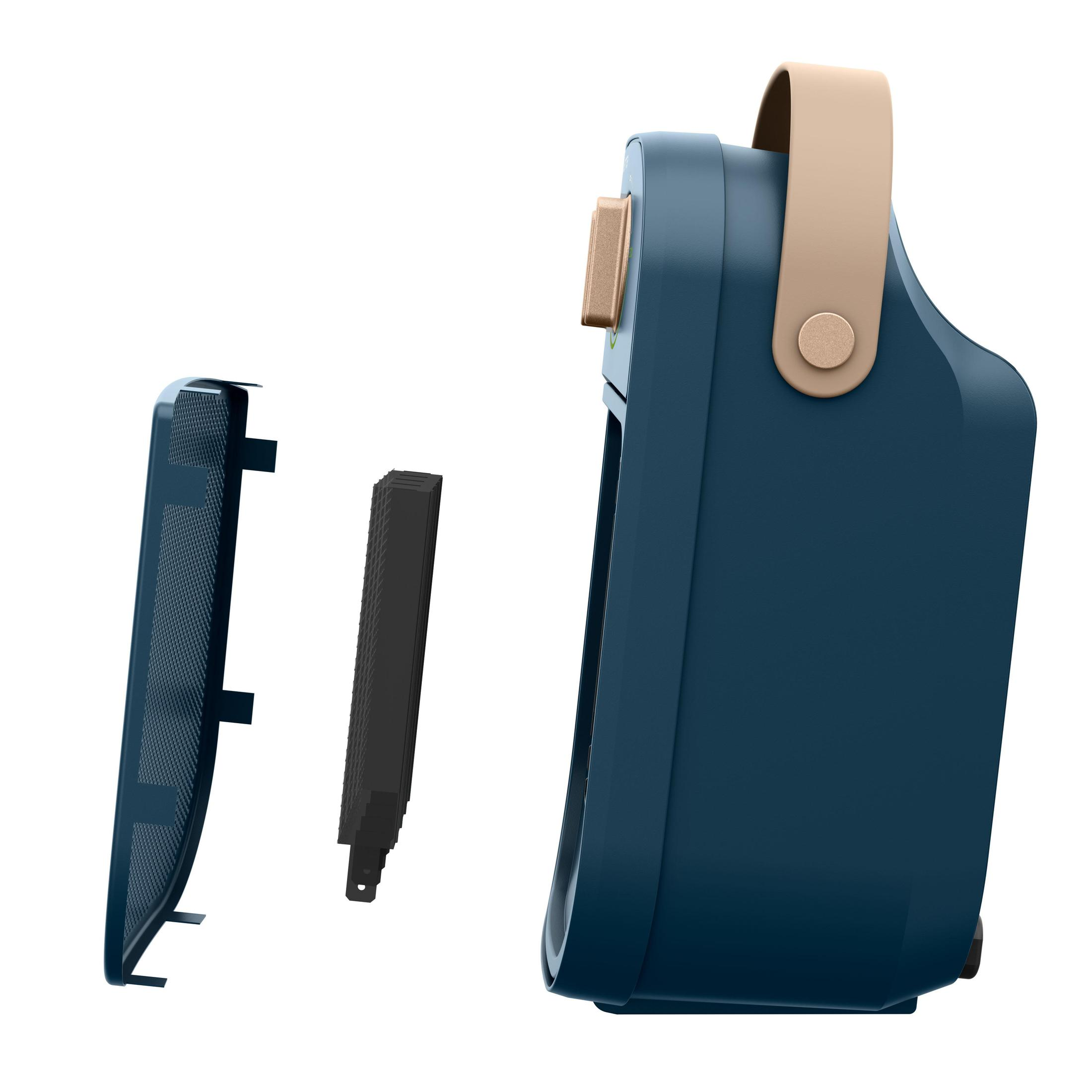 Niebieski i beżowy głośnik. Beżowy uchwyt na górze. Głośnik jest po prawej stronie.