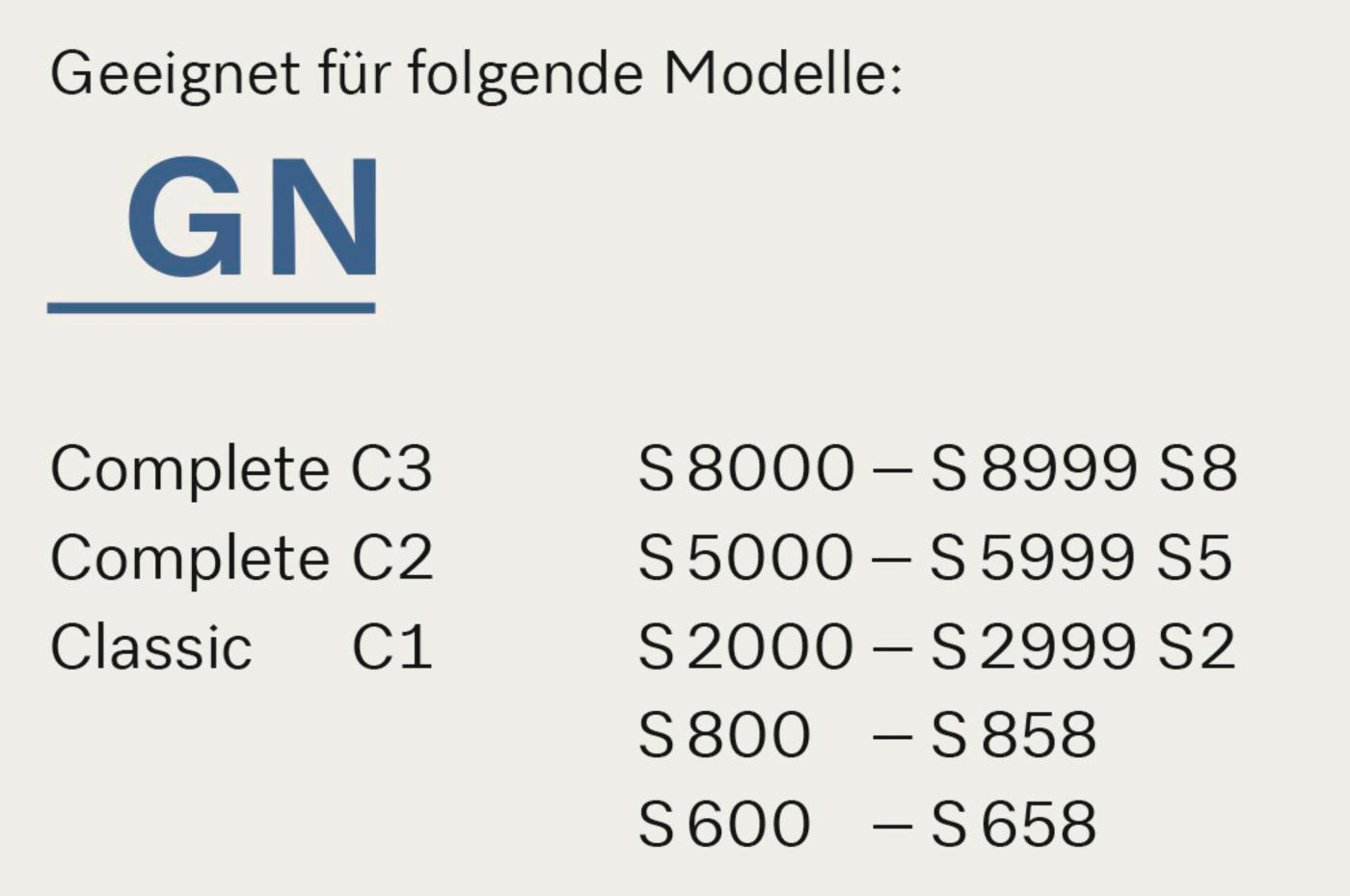 Text mit Auflistung von Staubsaugermodellen und ihren entsprechenden Serien: GN, Complete C3, Complete C2, etc.