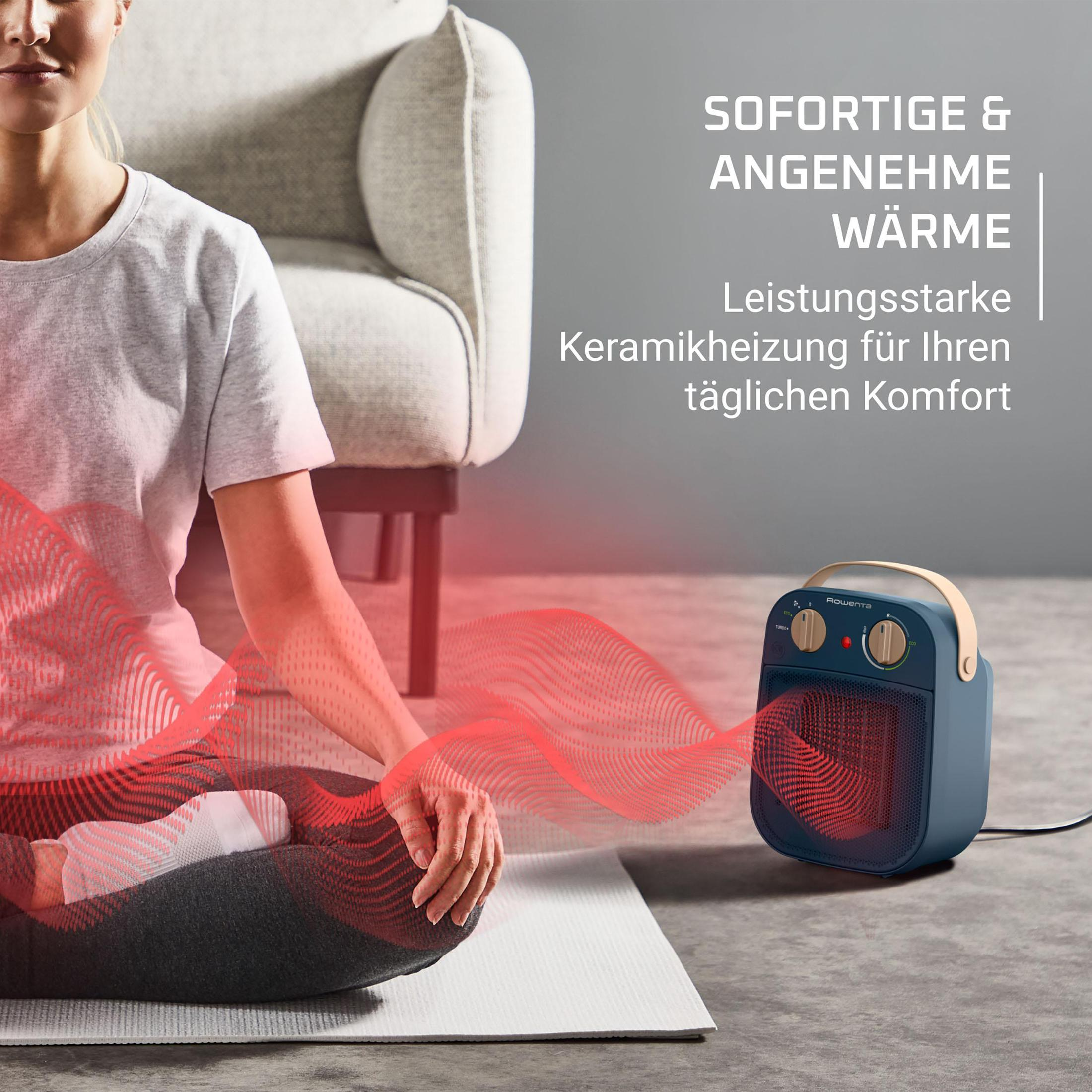 Kobieta siedząca obok niebieskiego grzejnika z czerwonymi falami ciepła. Tekst: Natychmiastowe ciepło.