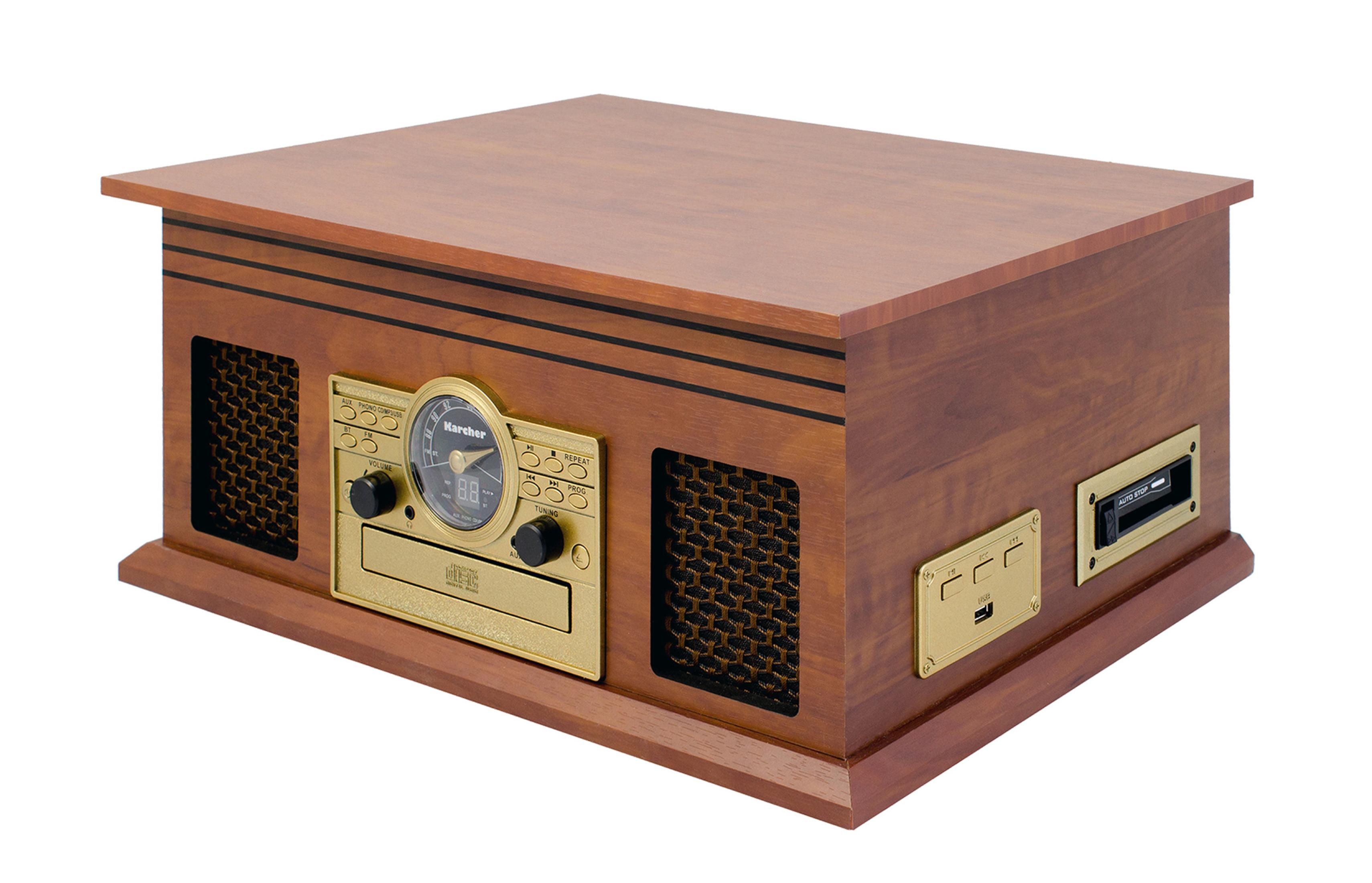 Holz-Stereoanlage im Vintage-Stil mit CD-Player, Radio und Plattenspieler. Goldfarbene Akzente und Lautsprecher.