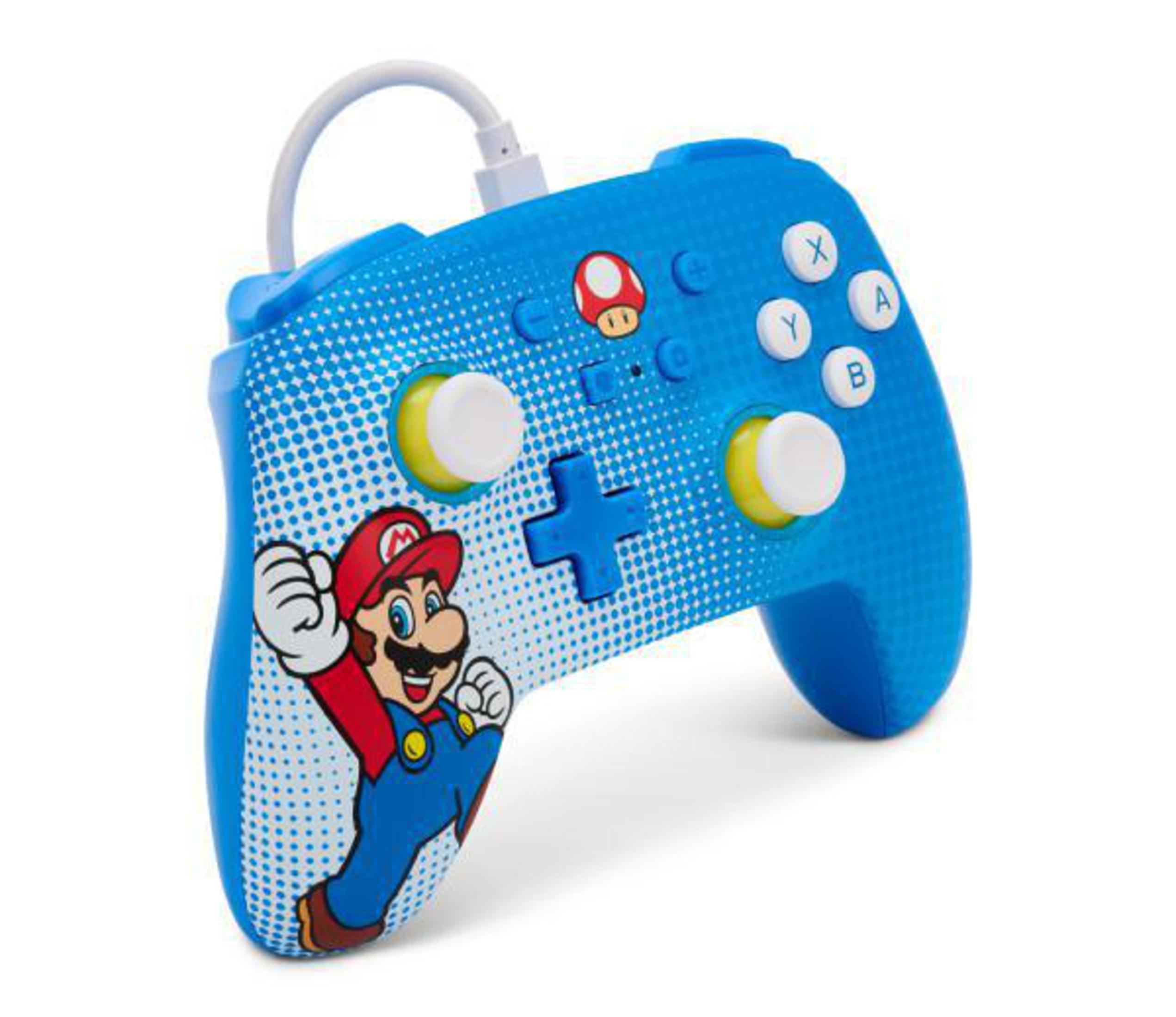 Niebieski kontroler Nintendo z grafiką Mario.