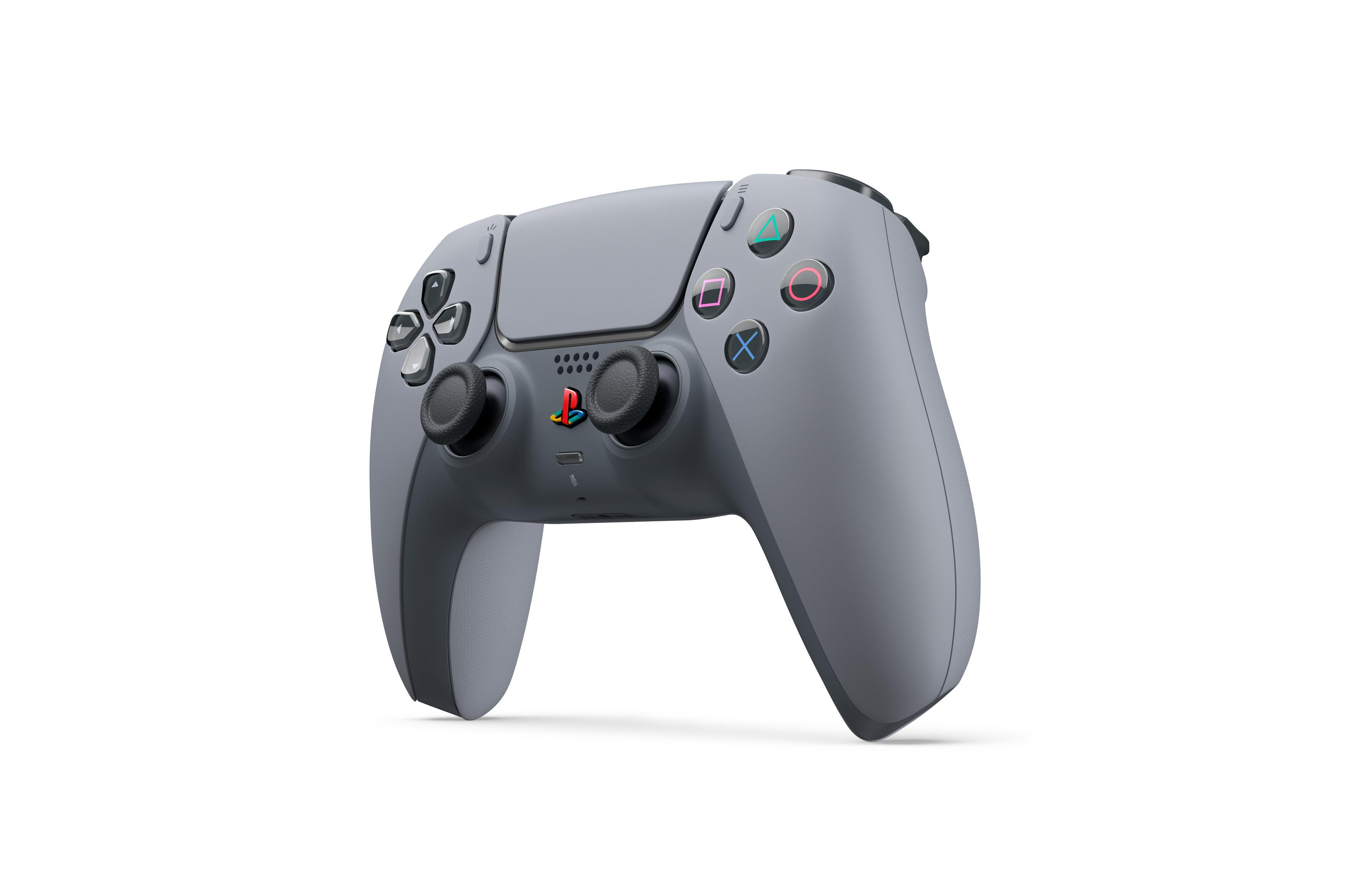 Ein grauer Playstation-Controller auf weißem Hintergrund. Es hat Knöpfe und Joysticks.