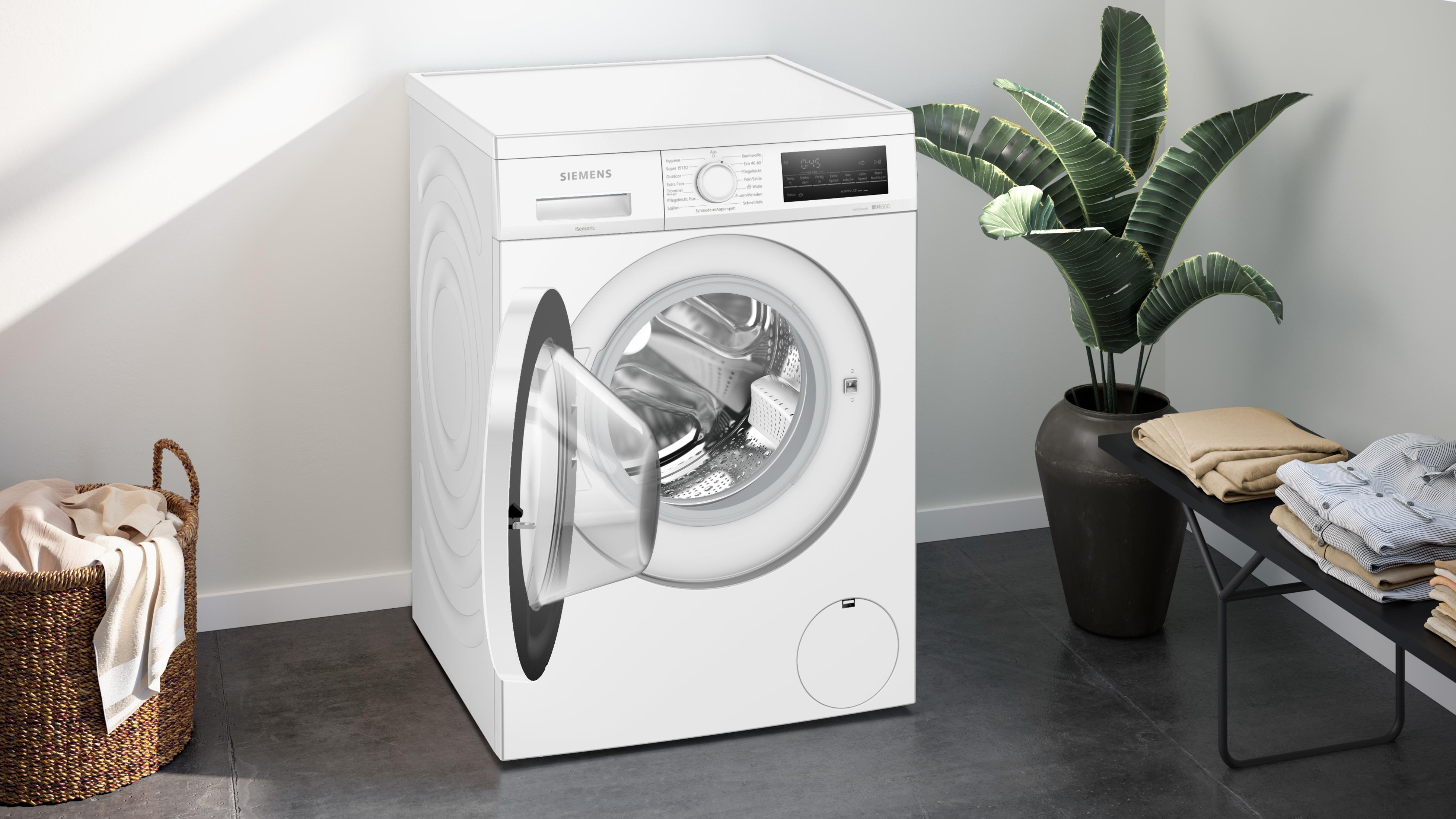 Weiße Waschmaschine mit offener Tür, Wäschekorb und Pflanze.