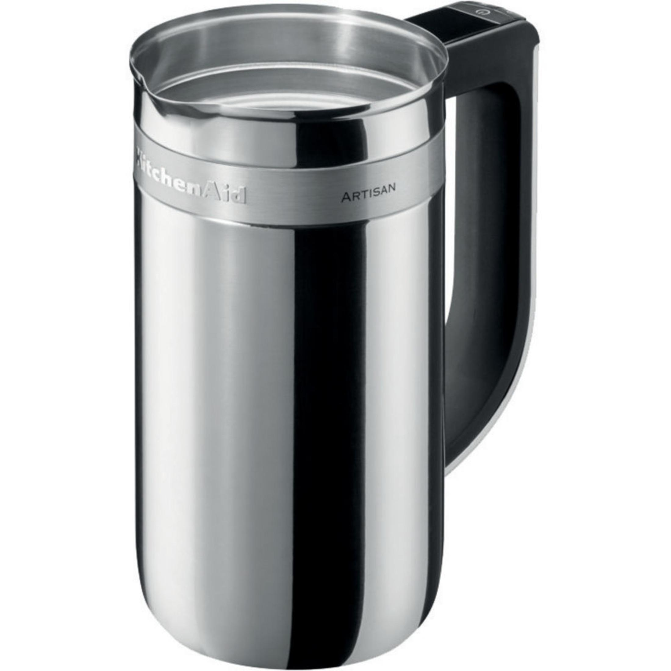 Ein Edelstahl-KitchenAid Artisan-Krug mit schwarzem Griff und Power-Taste.