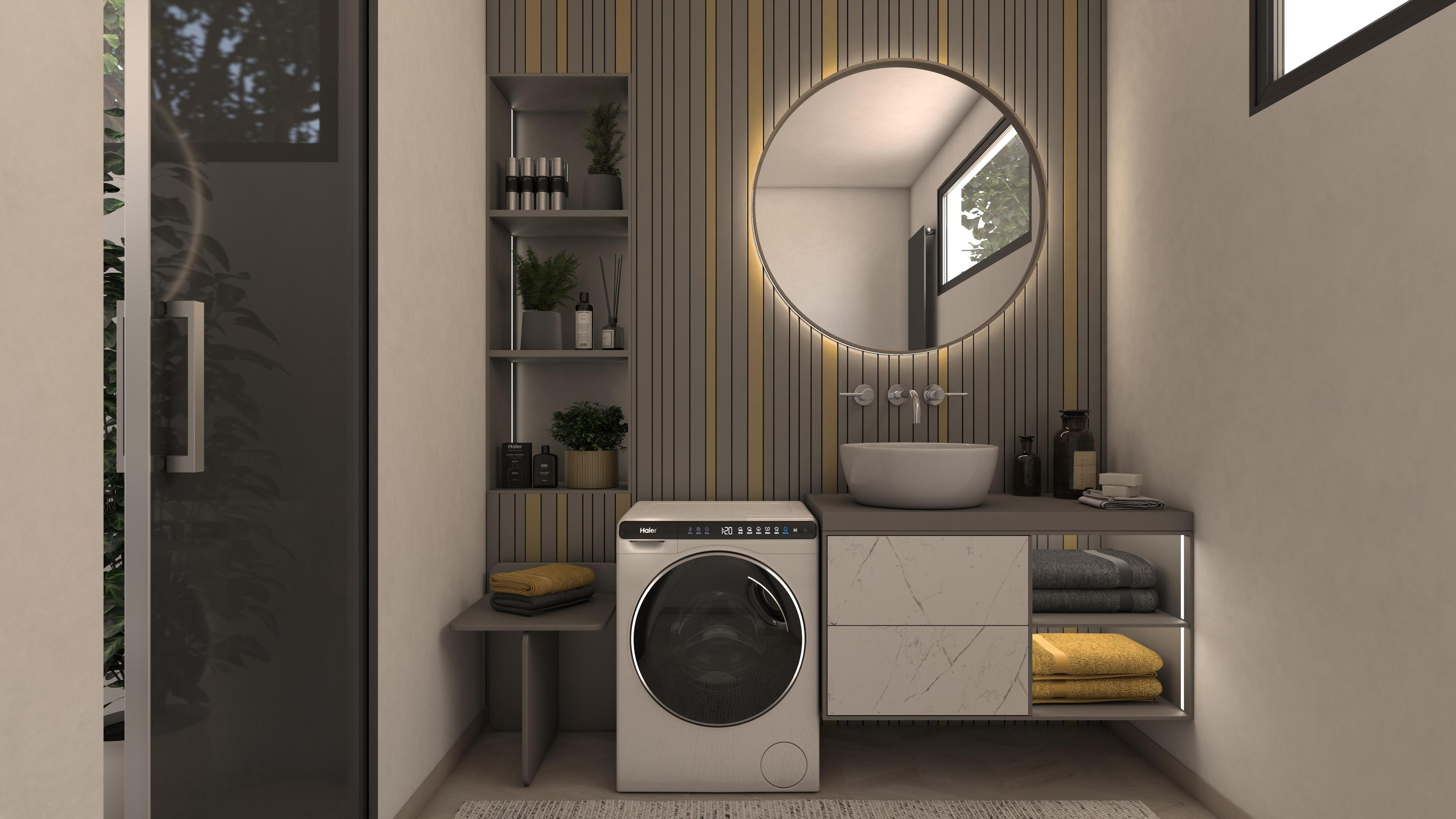 Bagno moderno con lavatrice, lavandino, specchio e mensole. Colori: bianco, grigio e legno.