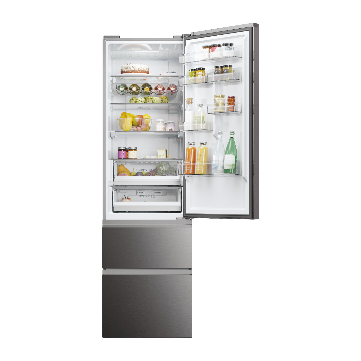Refrigerador de acero inoxidable abierto. Estantes interiores visibles, llenos de alimentos y bebidas.