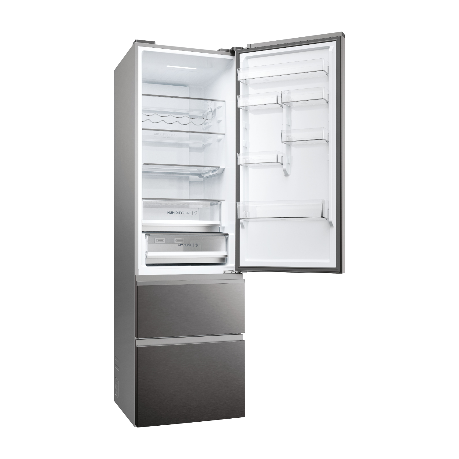 Un refrigerador con la puerta abierta, mostrando estantes, cajones y contenido. Acabado de acero inoxidable.