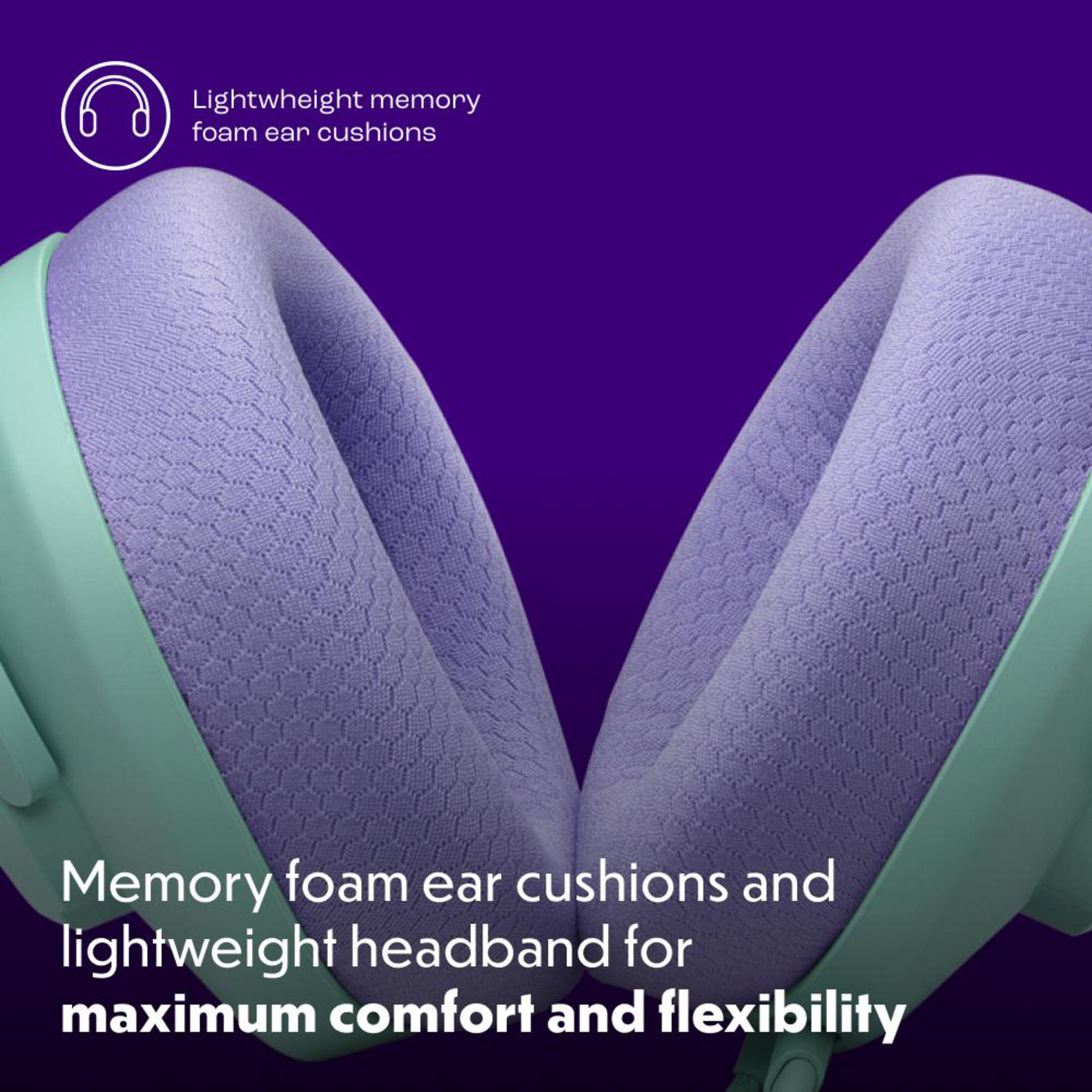 Jasnozielone słuchawki z fioletowymi nausznikami.