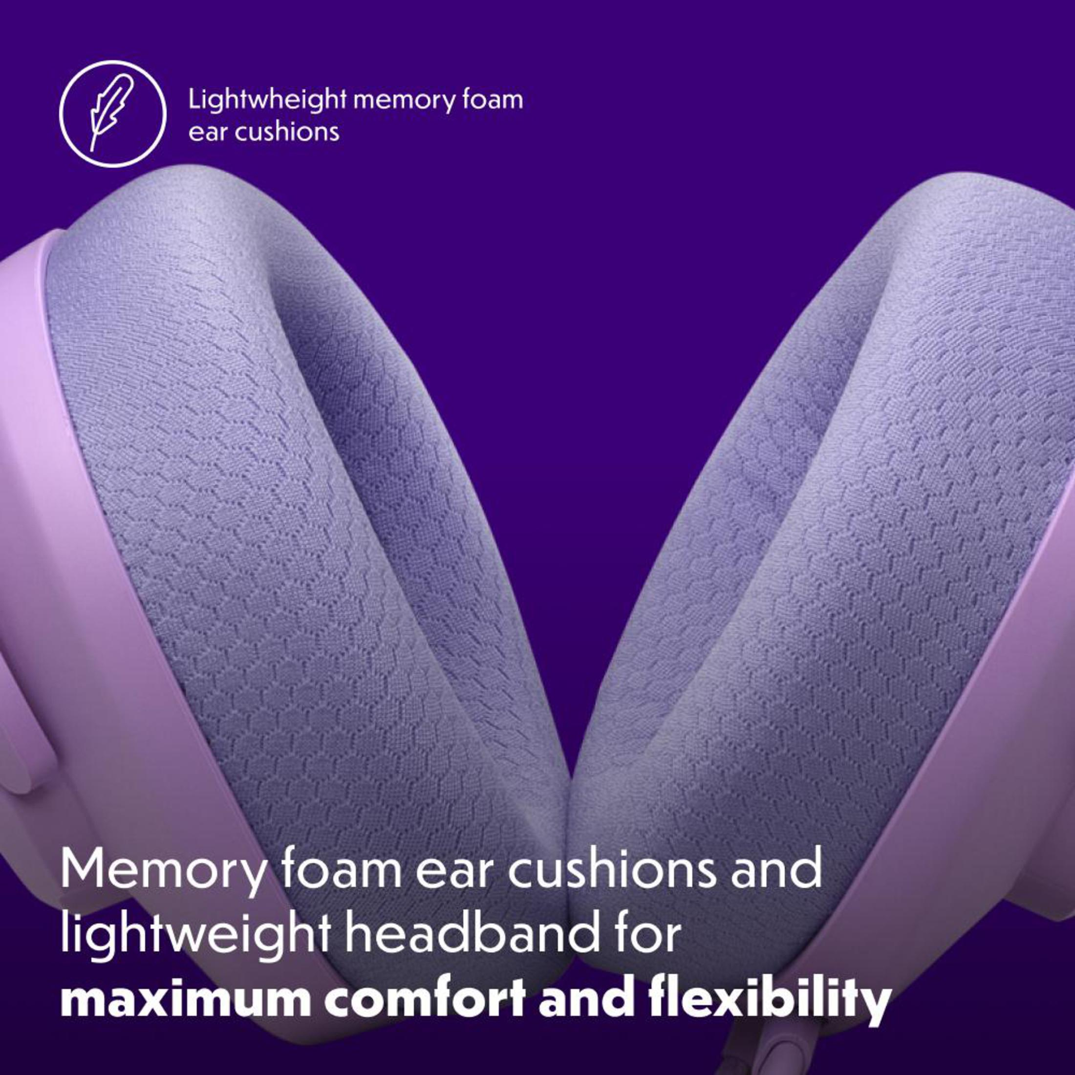 Zbliżenie na nauszniki słuchawek, jasnofioletowy kolor, z tekstem poniżej.