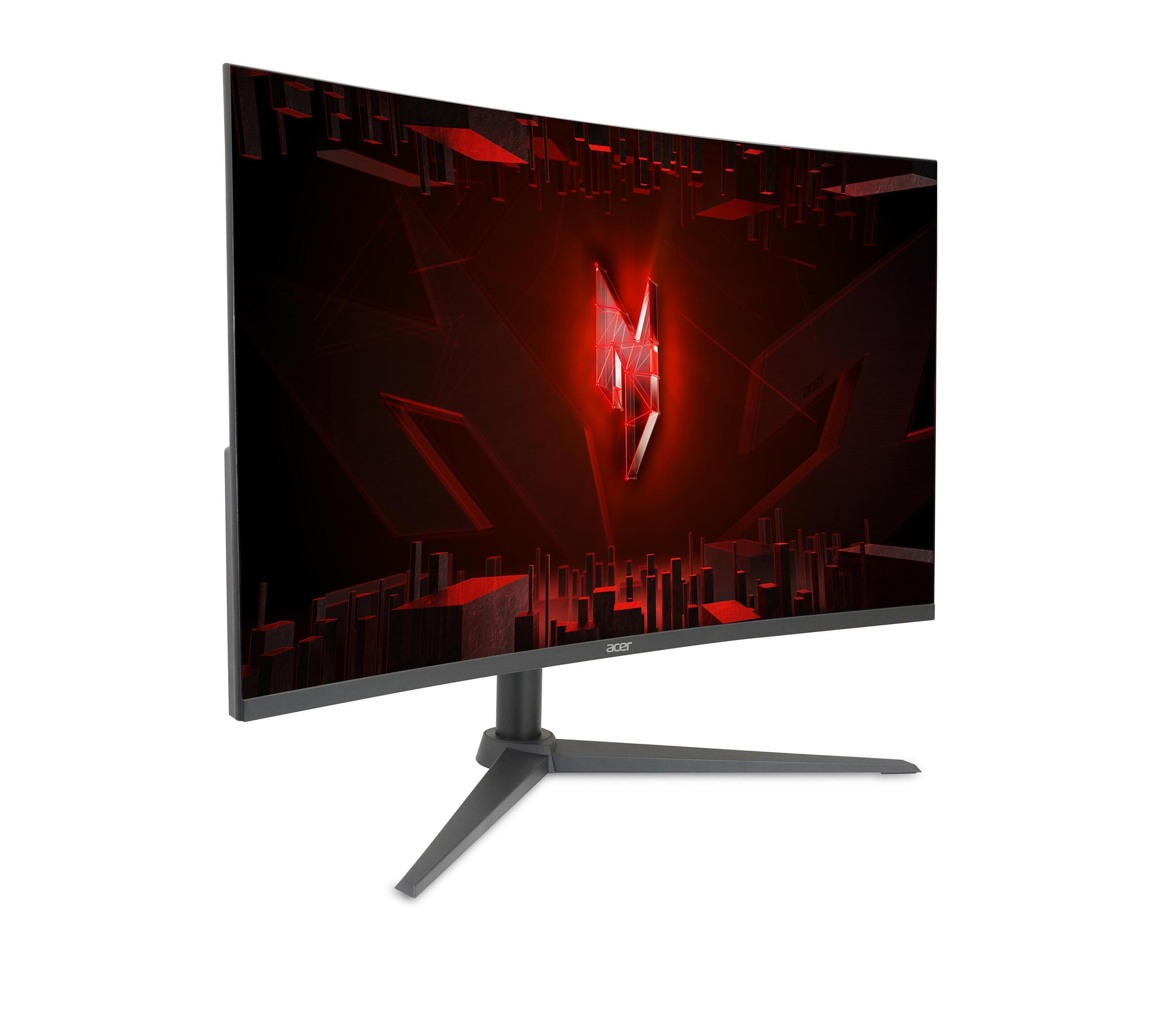 Zakrzywiony monitor Acer wyświetlający czerwoną i czarną grafikę.
