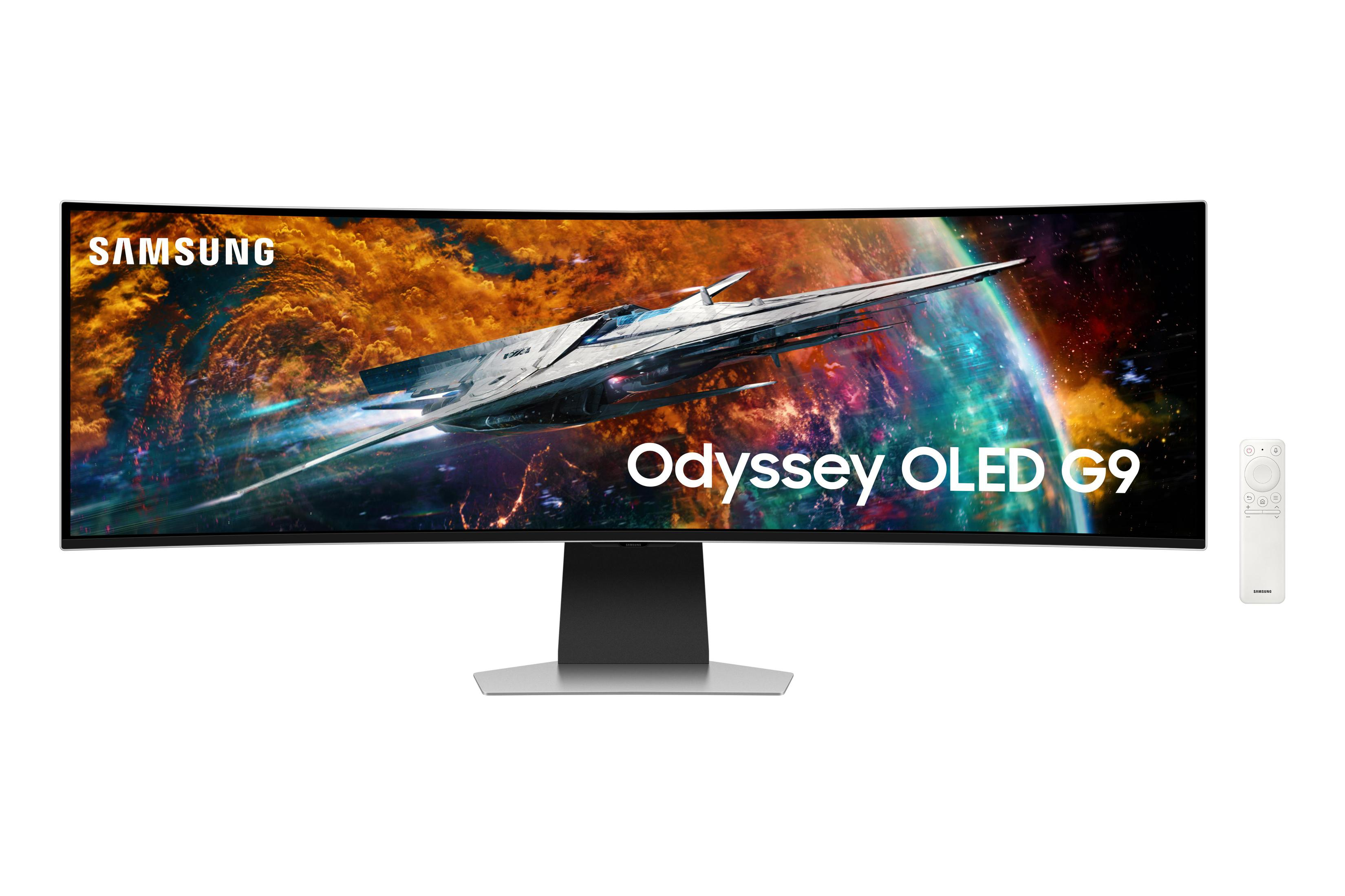 Zakrzywiony monitor Samsung Odyssey. Białe tło. Pilot po prawej stronie.