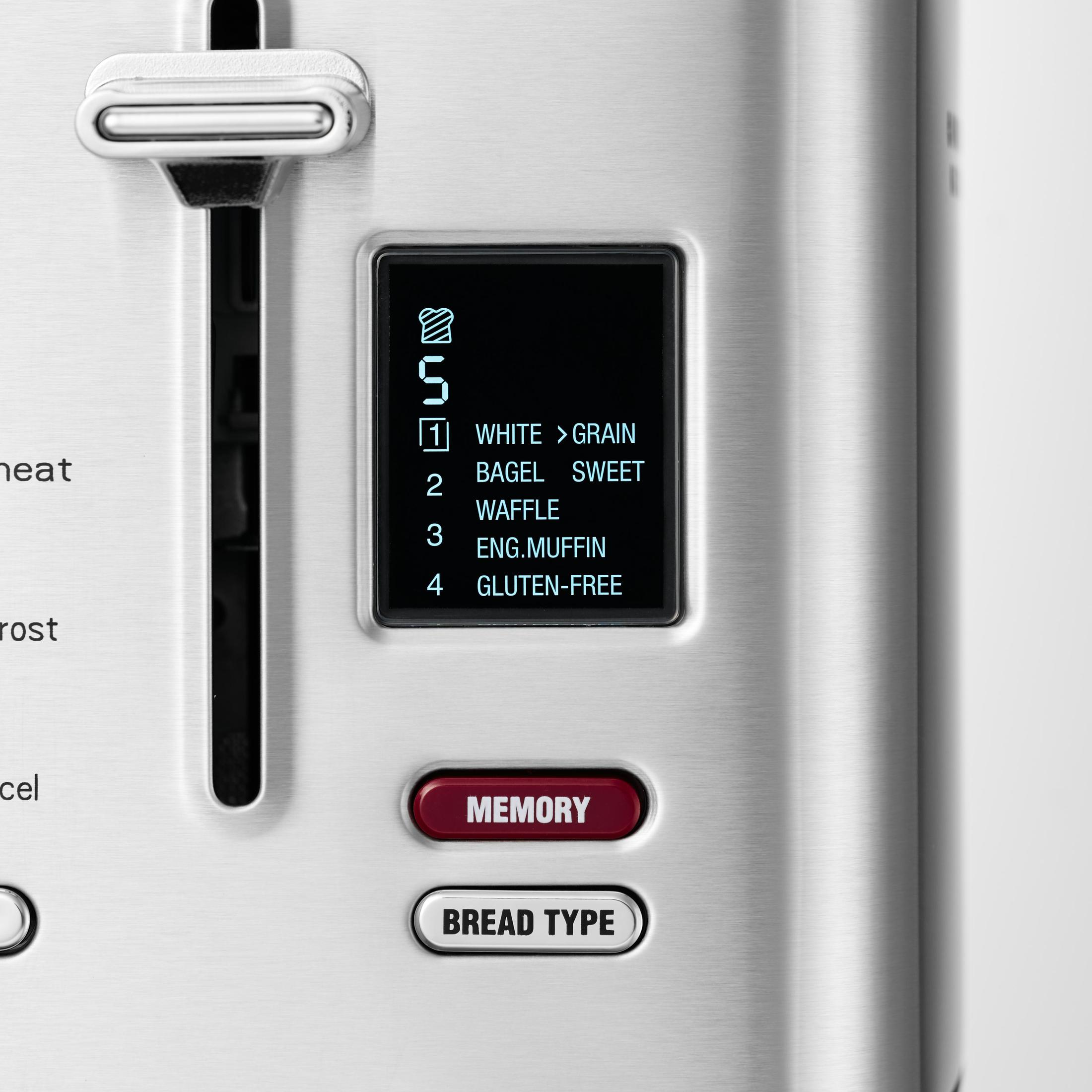 Ein Toaster aus Edelstahl mit digitalem Display, das Brotauswahl und Einstellungen zeigt.