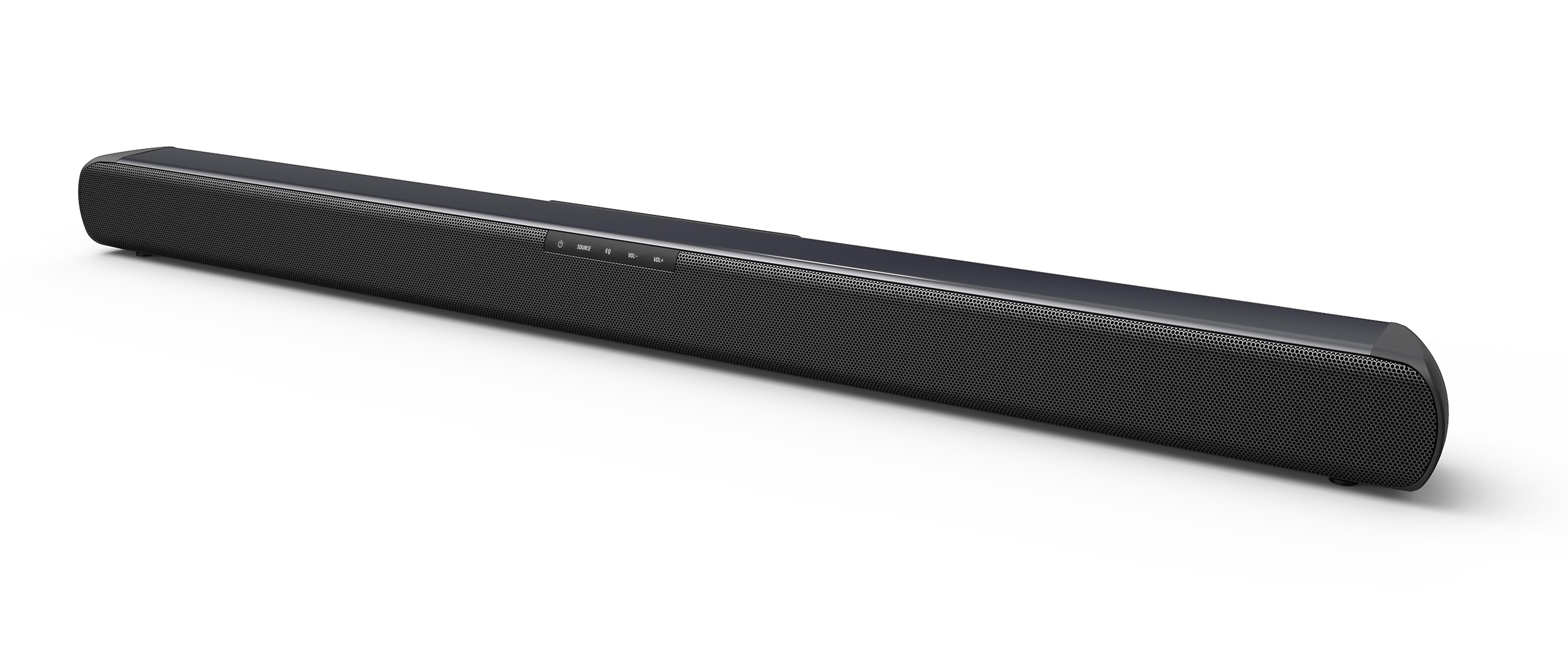 Schwarze Soundbar mit Knöpfen, auf weißer Oberfläche. Weißer Hintergrund.