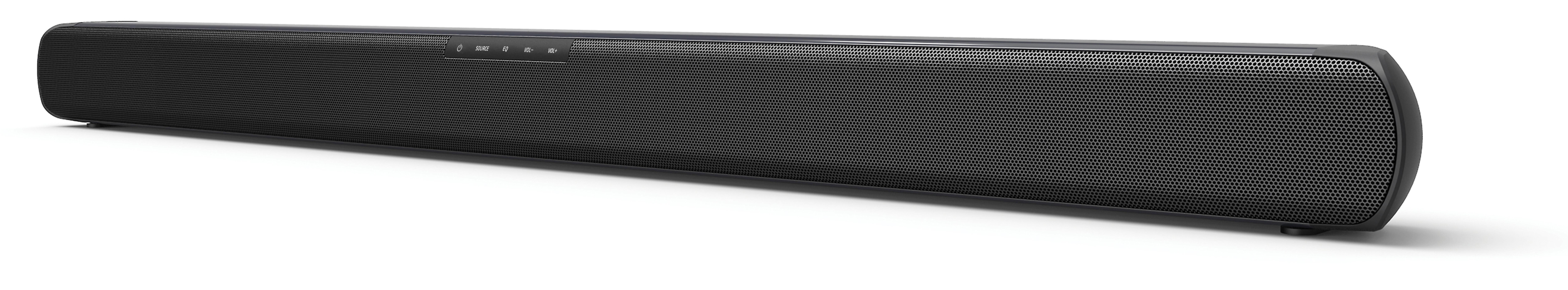 Ein langer, schwarzer Soundbar-Lautsprecher auf weißem Hintergrund.