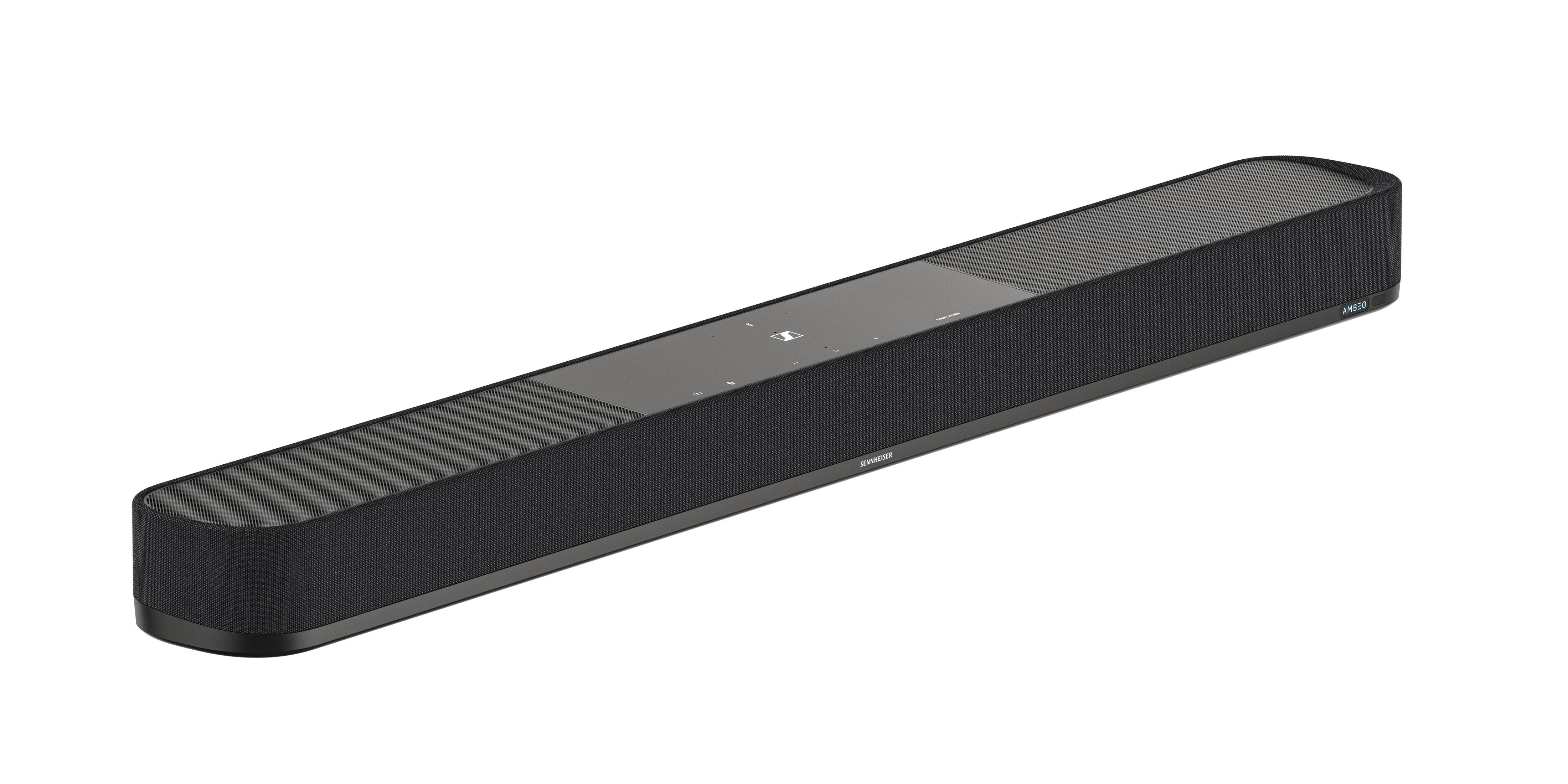 Schwarze Soundbar mit schlankem, länglichem Design auf einer weißen Oberfläche. Sennheiser-Logo sichtbar.