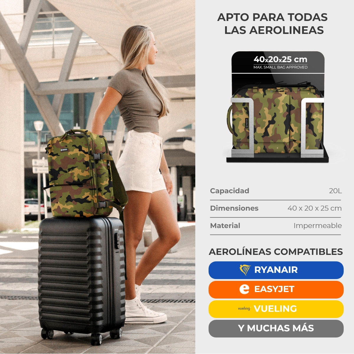 Mujer con equipaje y mochila, con una bolsa de viaje y logotipos de aerolíneas.