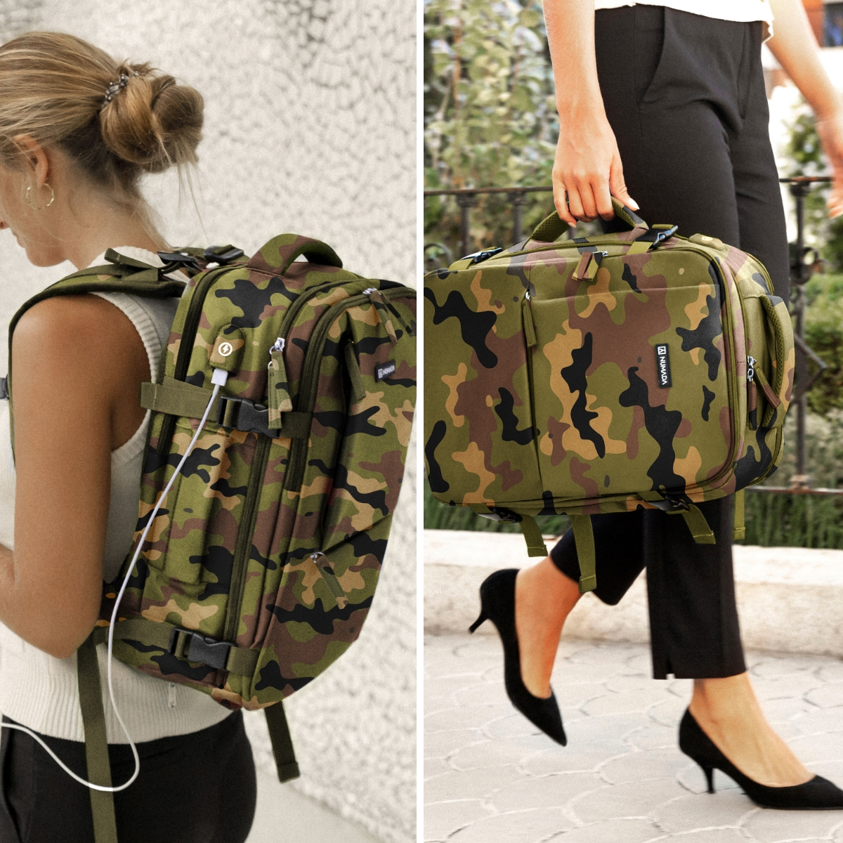 Dos imágenes: una persona con mochila camuflaje y otra con bolso camuflaje.