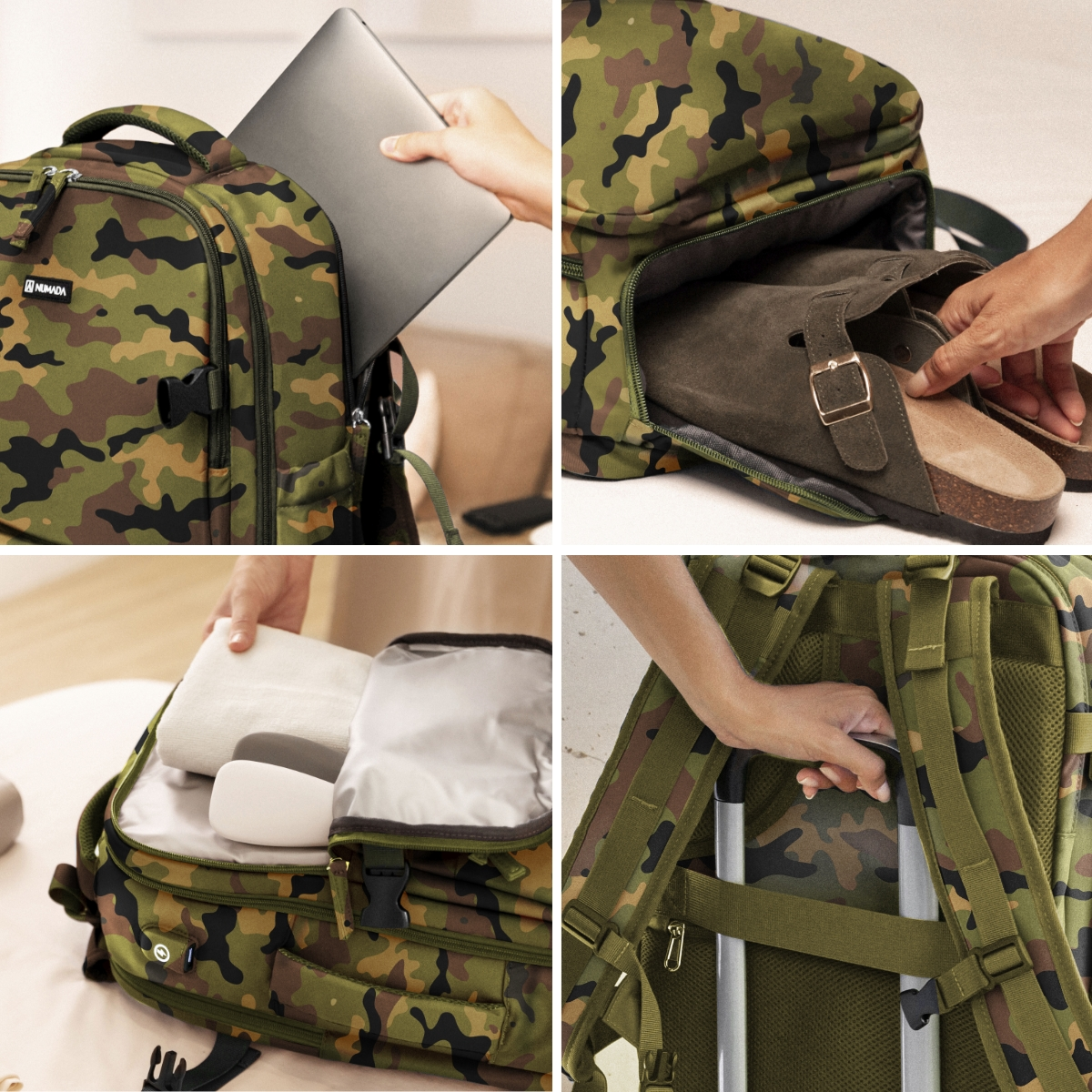 Mochila de camuflaje que se empaqueta con una laptop, zapatos y otros artículos.