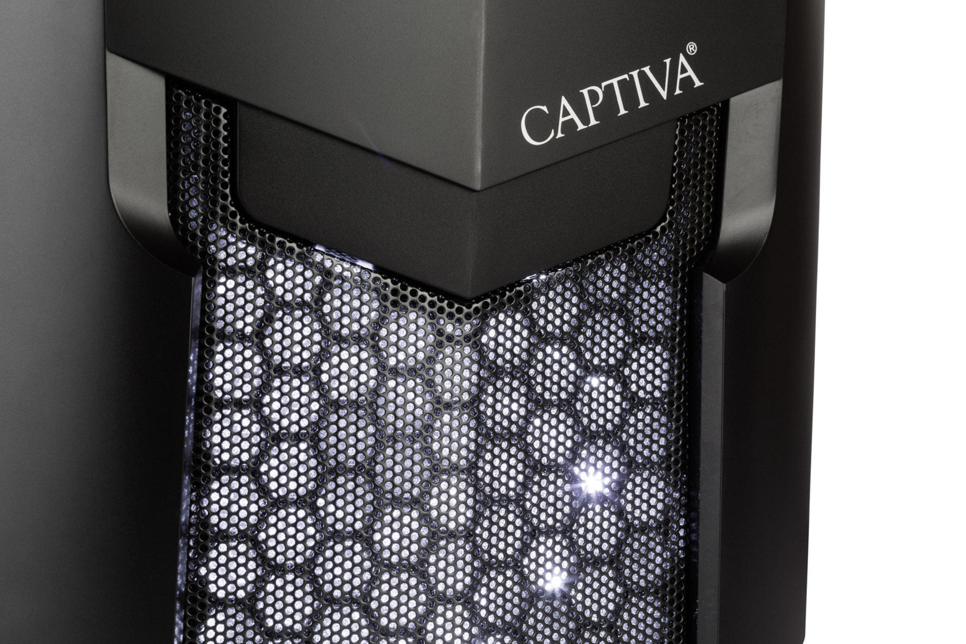 Primer plano de la parte frontal de una caja de ordenador negra con el logotipo de Captiva y malla con luces.