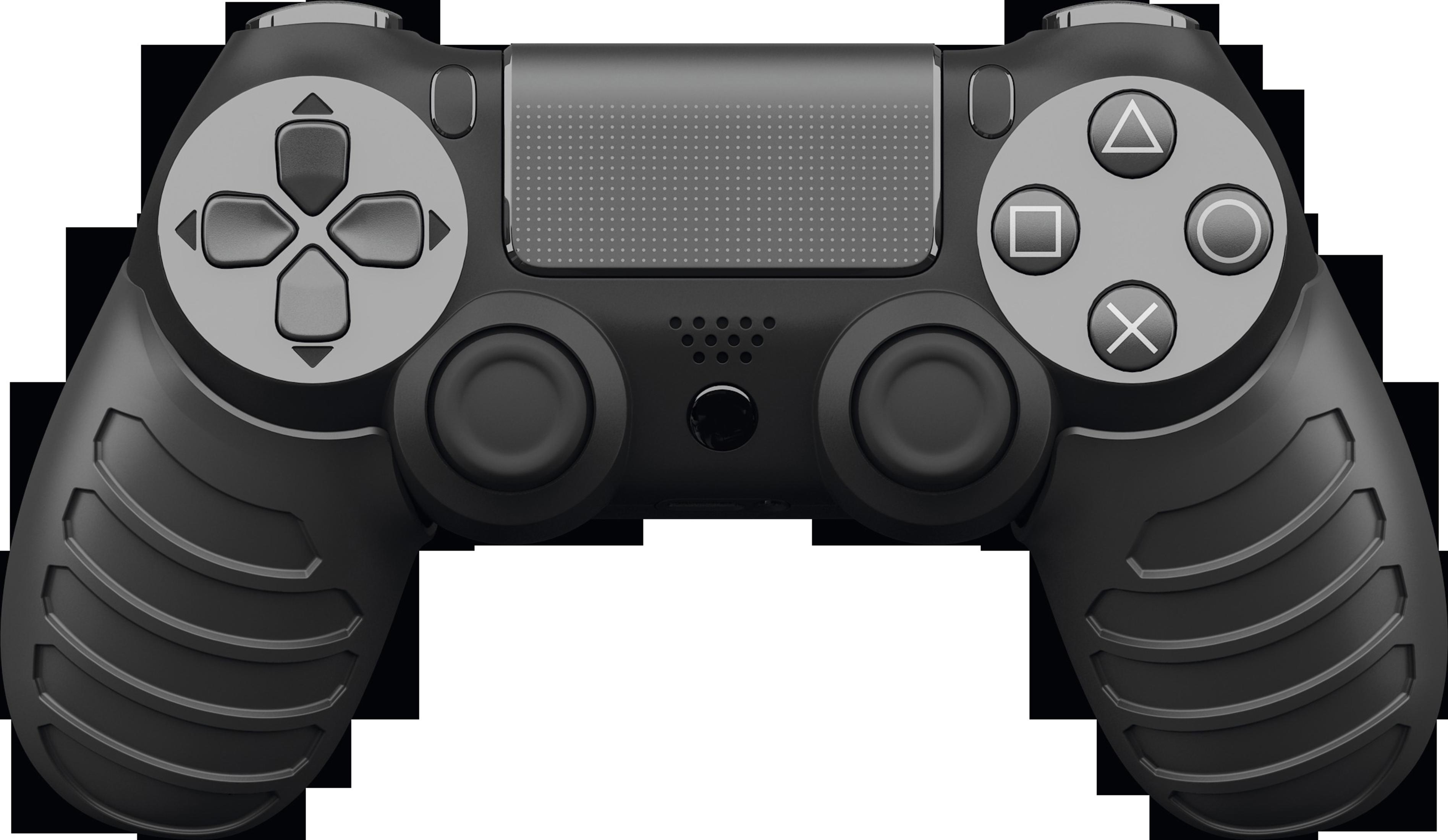 Un mando de PlayStation negro con botones grises y un diseño de agarre texturizado.