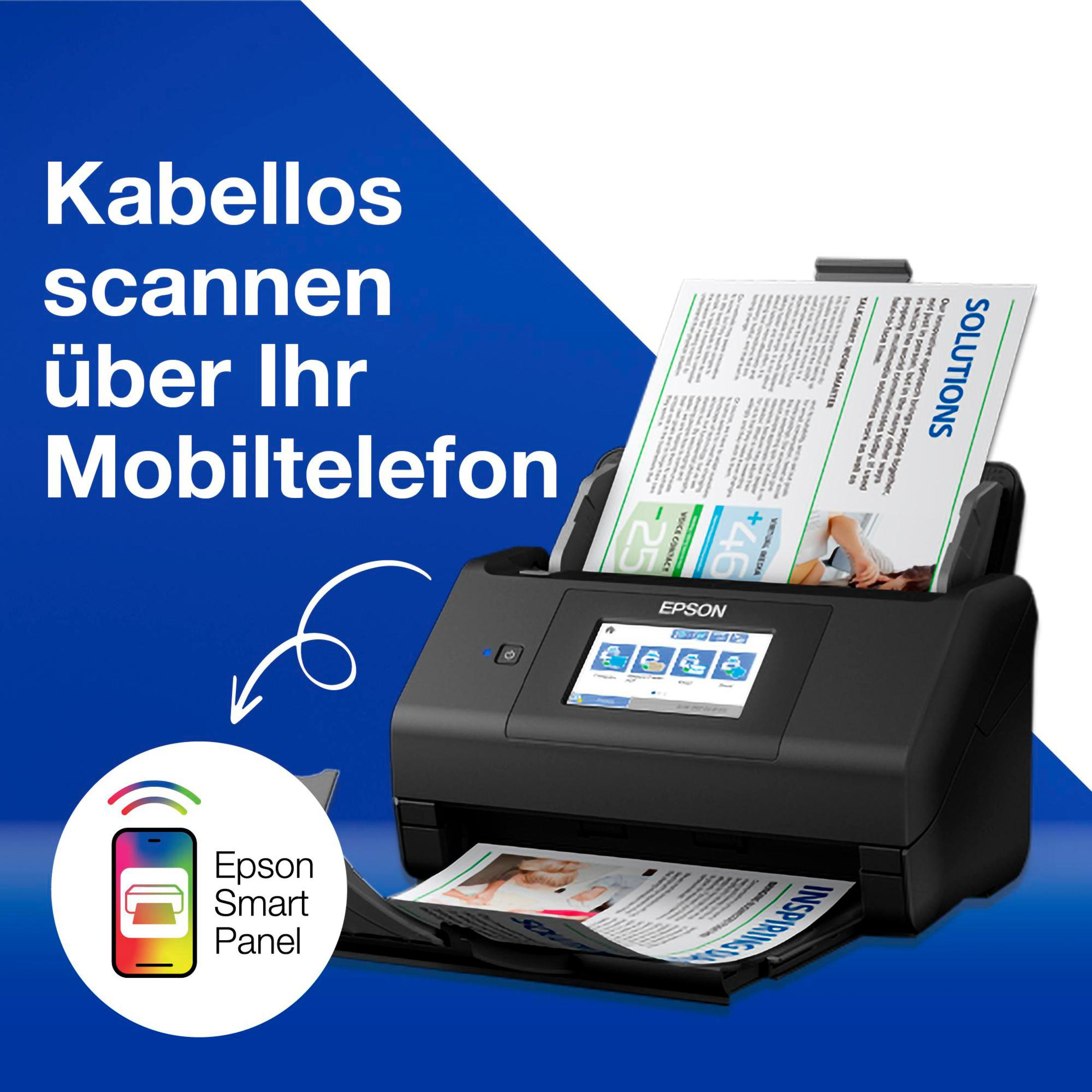 Czarny skaner Epson z dokumentami, telefonem Epson Smart Panel i tekstem w języku niemieckim.