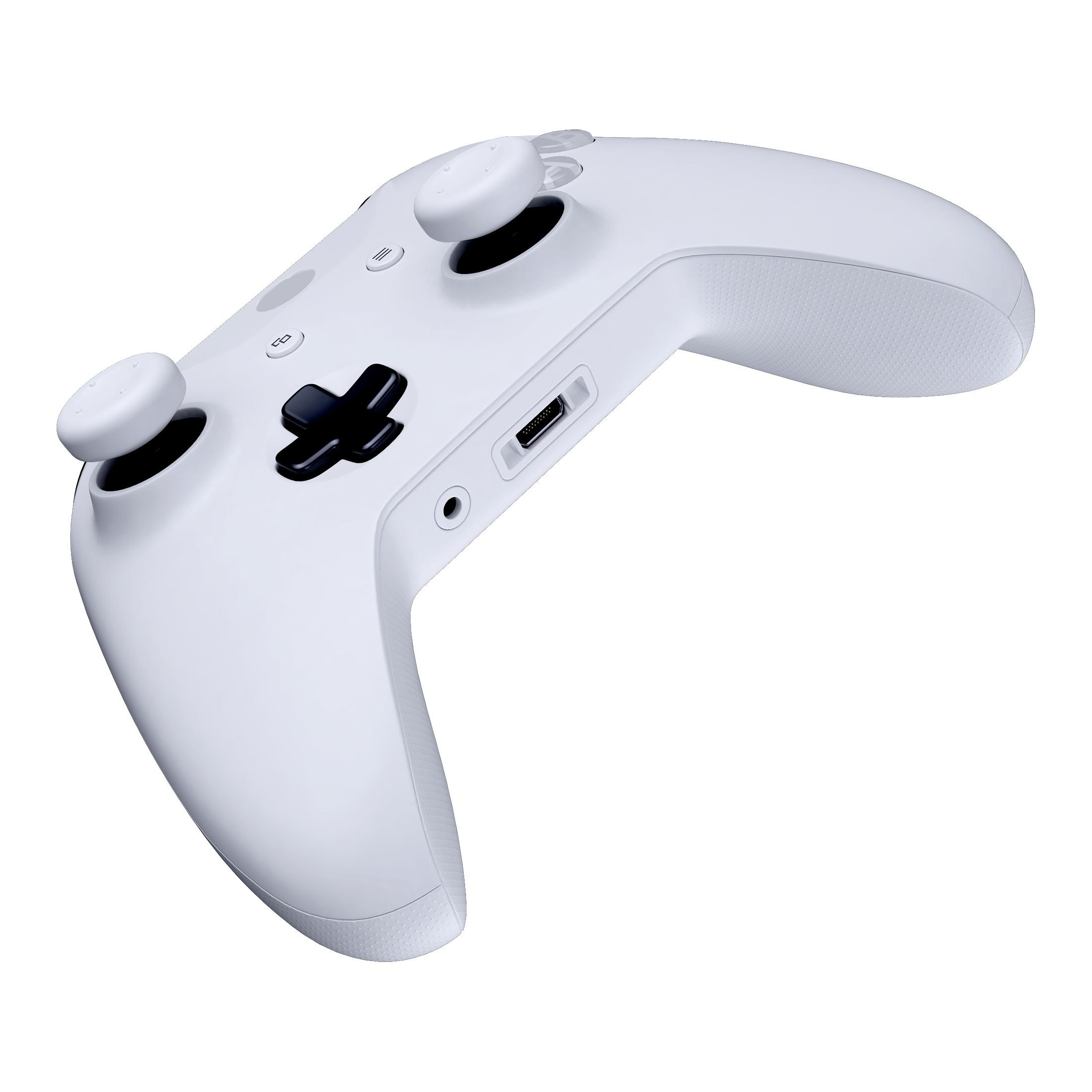 Weißer Xbox-Controller mit zwei Joysticks, Knöpfen und einem Anschluss. Er ist nach oben geneigt.