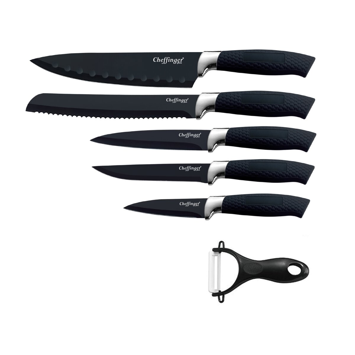 Set schwarzer Küchenmesser und ein Sparschäler auf weißem Hintergrund. Markenname Cheffinger.