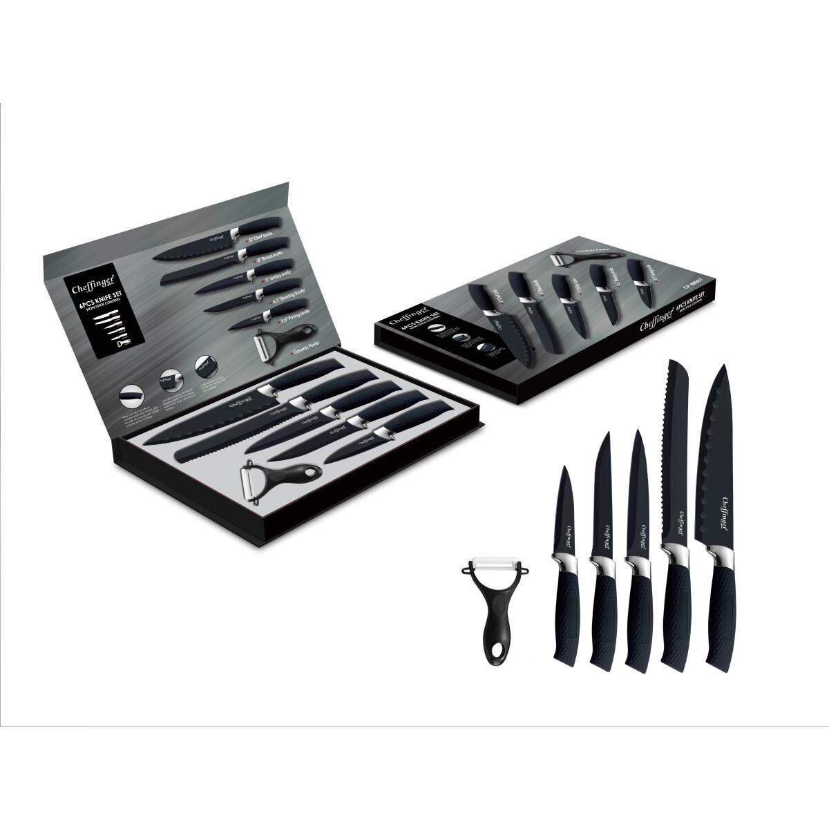 Ein Set schwarzer Küchenmesser in einer Box und auf einer weißen Oberfläche mit einem Schäler.