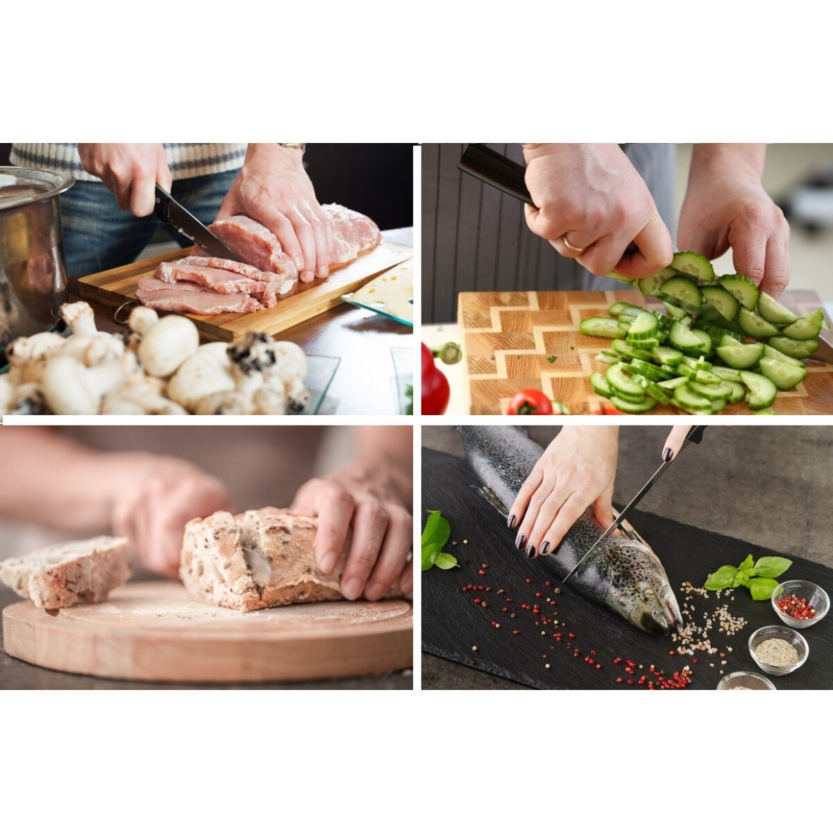 Eine Collage von vier Bildern, die die Zubereitung von Speisen zeigen: Fleisch, Gurken, Brot und ein Fisch wird geschnitten.