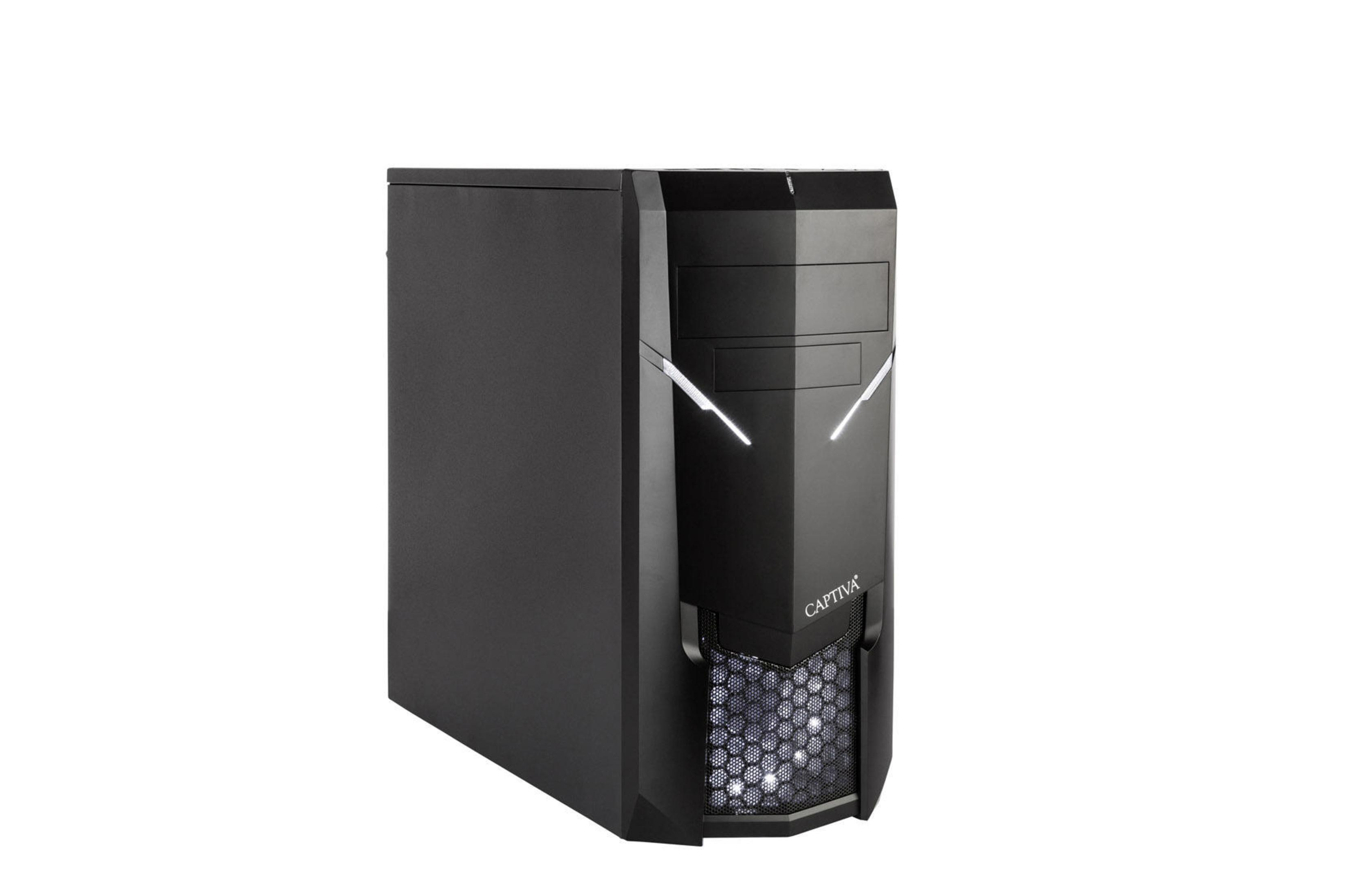 Caja de PC Captiva negra con luces brillantes sobre fondo blanco.