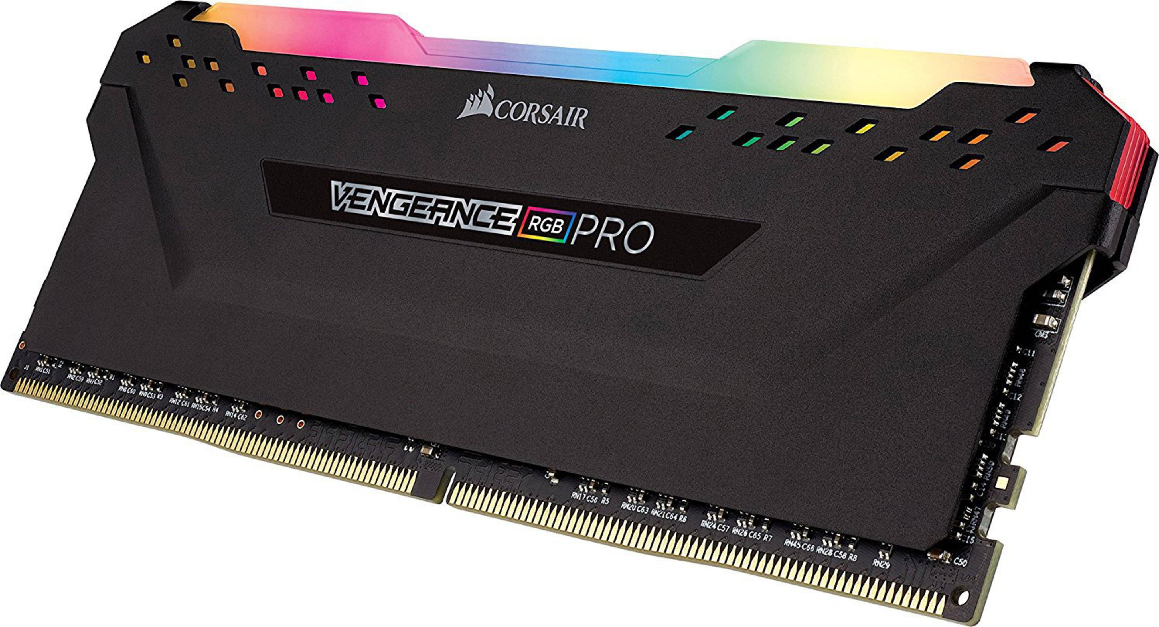 Moduł RAM Corsair Vengeance RGB Pro. Ma czarny radiator i oświetlenie RGB.