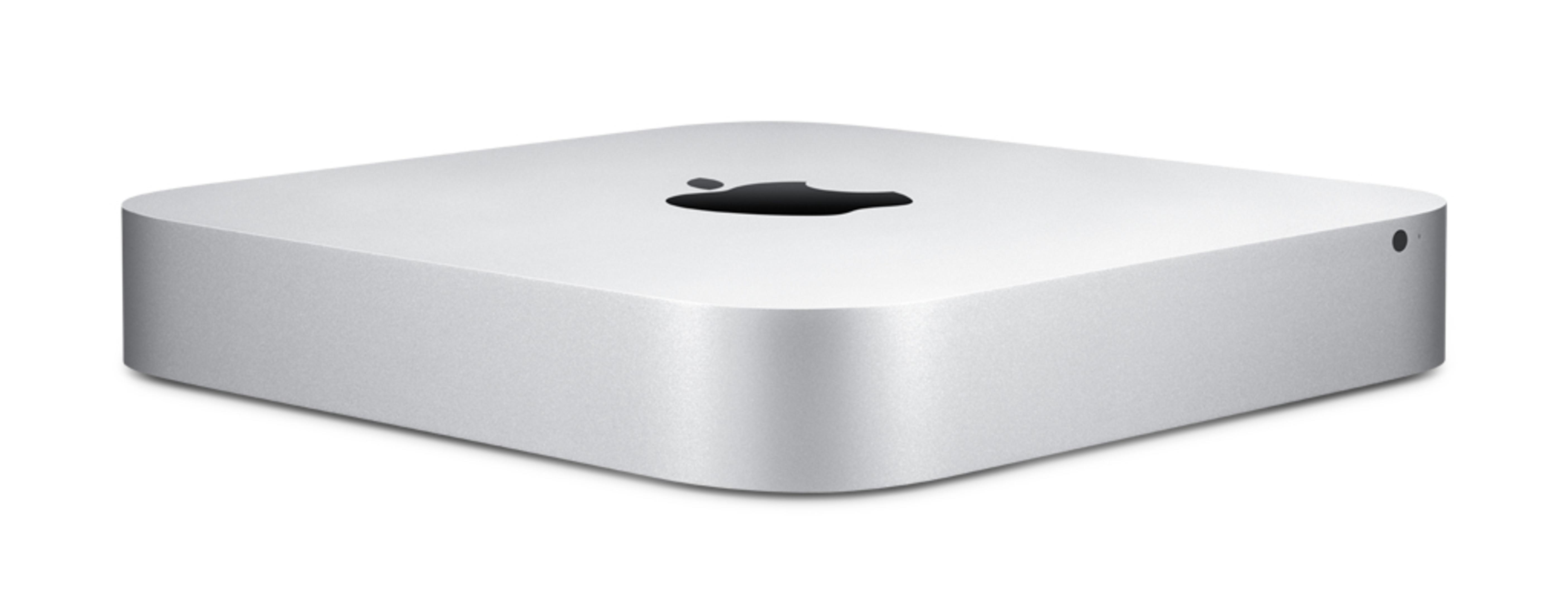 Silberner Apple Mac Mini Computer. Das Gerät ist klein, quadratisch und hat ein schwarzes Apple-Logo.